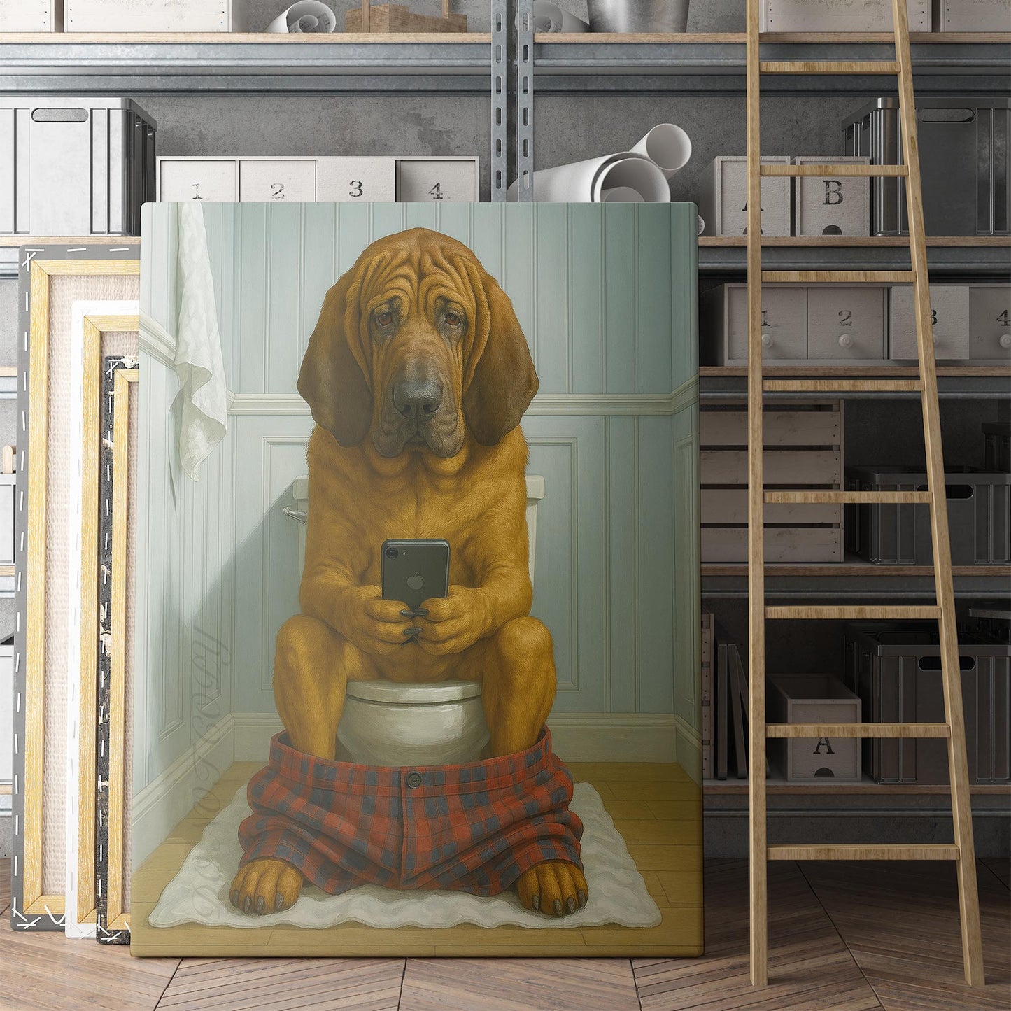 Bloodhound Dog On The Phone On The Toilet