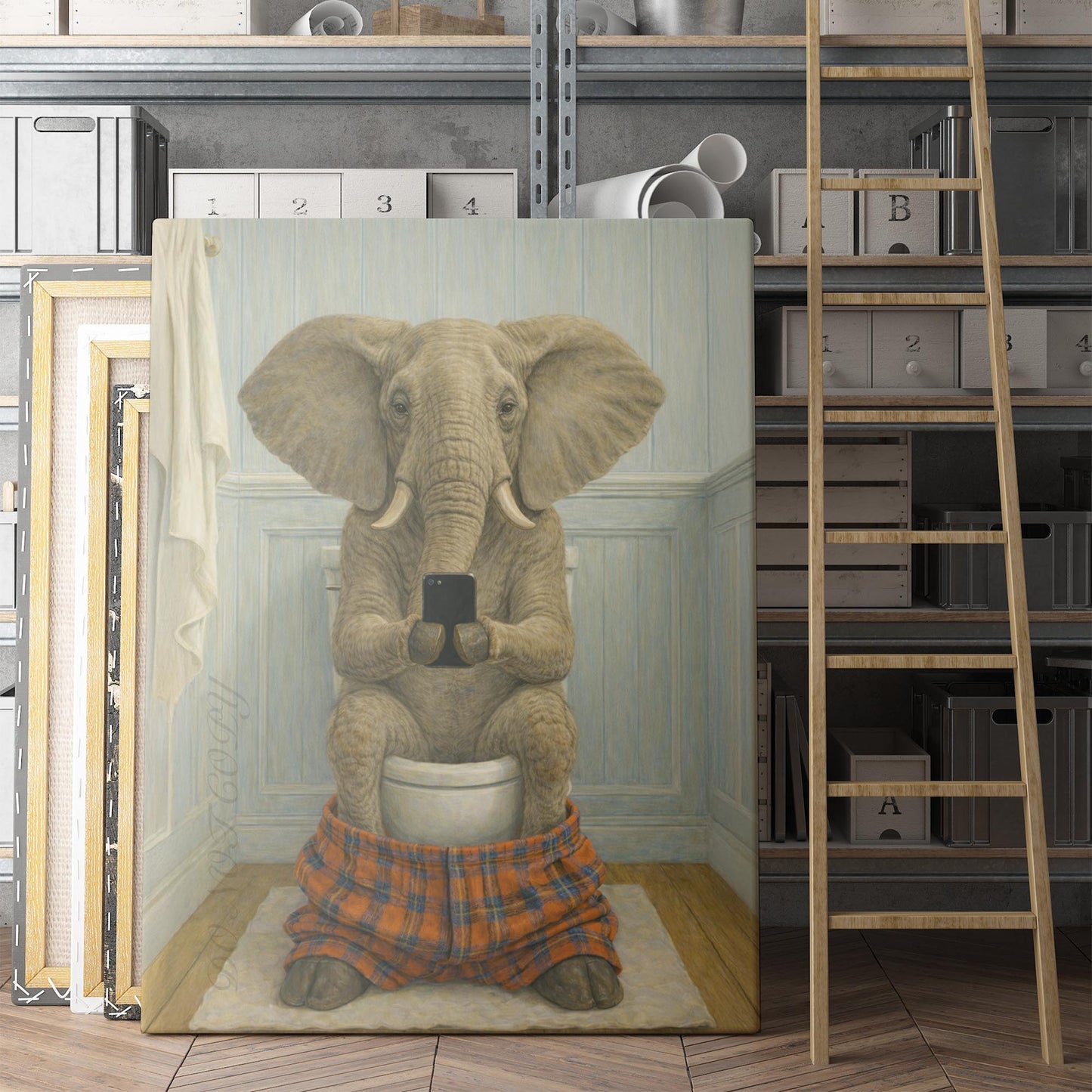 Elephant On The Phone On The Toilet