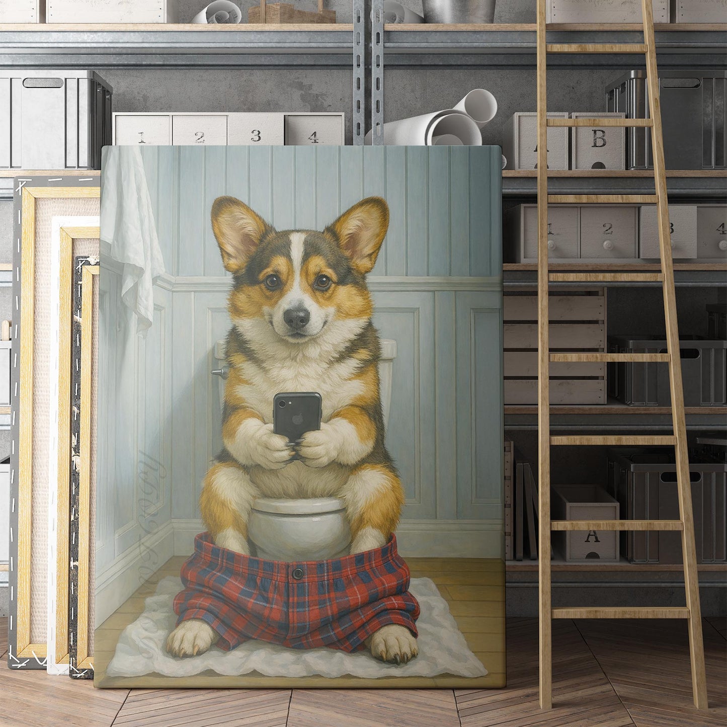 Cardigan Welsh Corgi Dog On The Phone On The Toilet