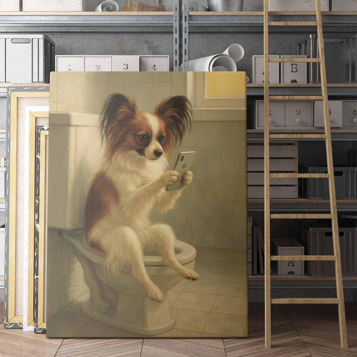 Papillon Dog On The Phone On The Toilet