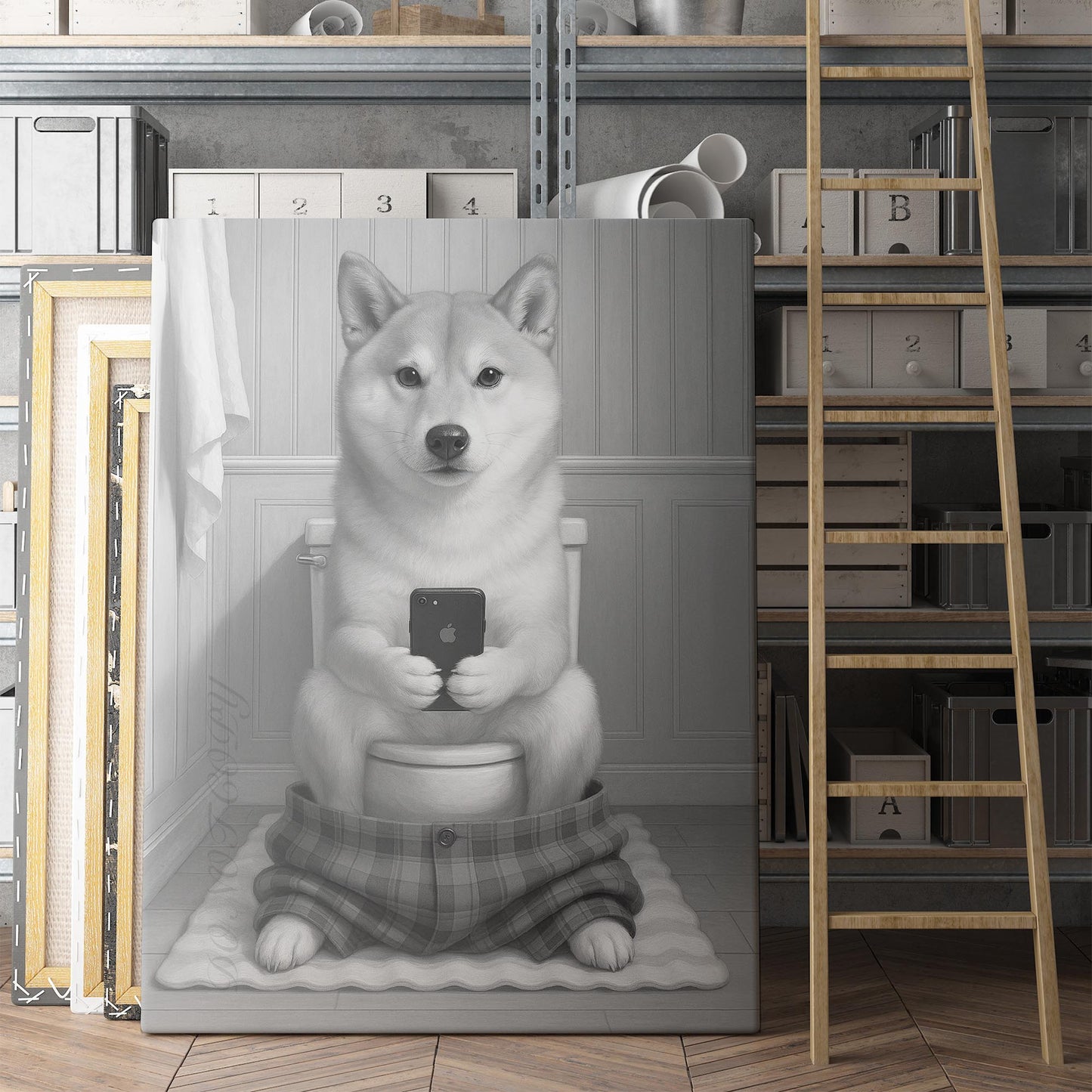 Shiba Inu Dog On The Phone On The Toilet