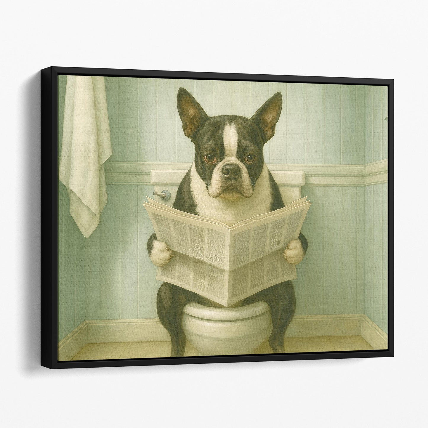 French Bulldog Reading The Newspaper On The Toilet