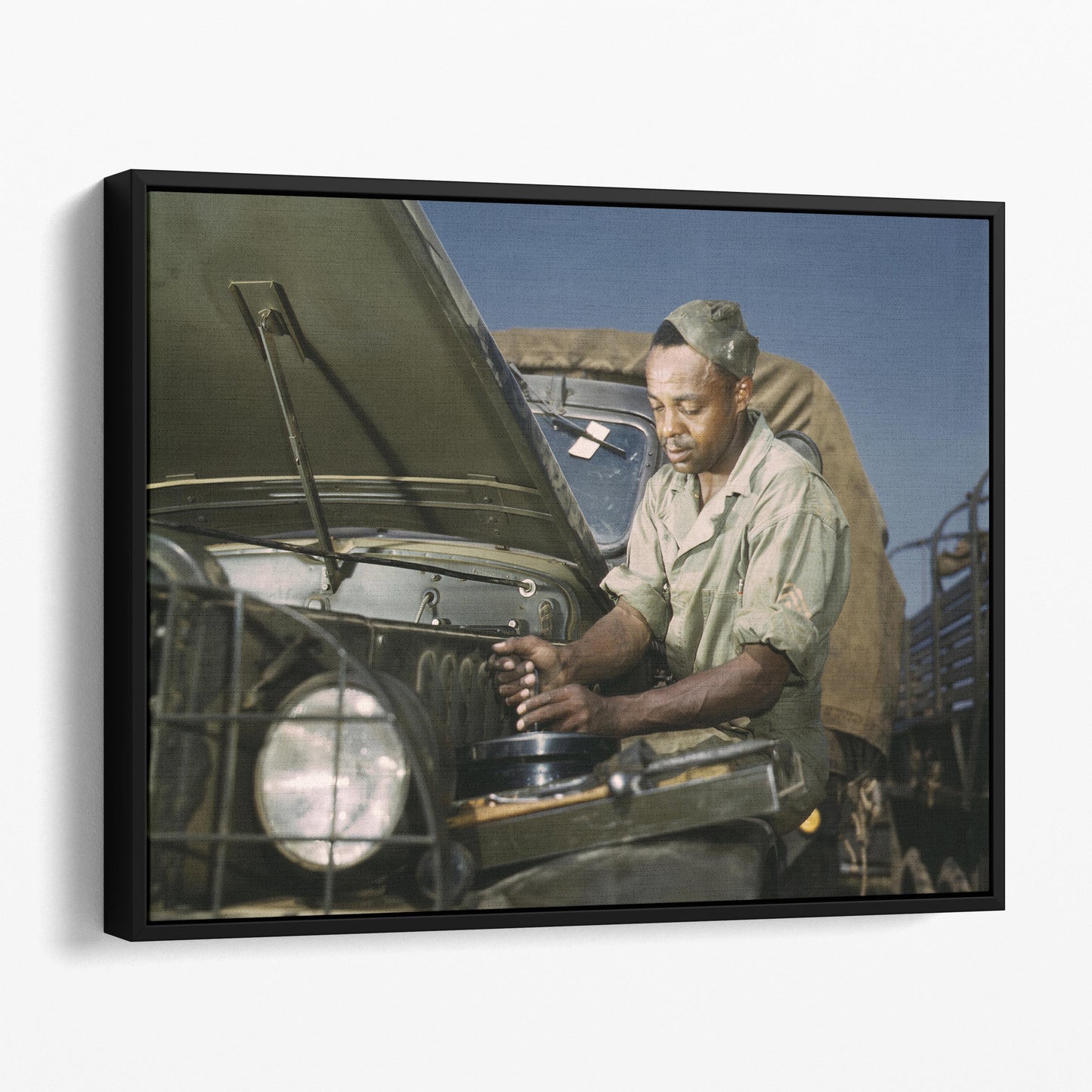 African American Mechanic Servicing a Jeep, World War Two