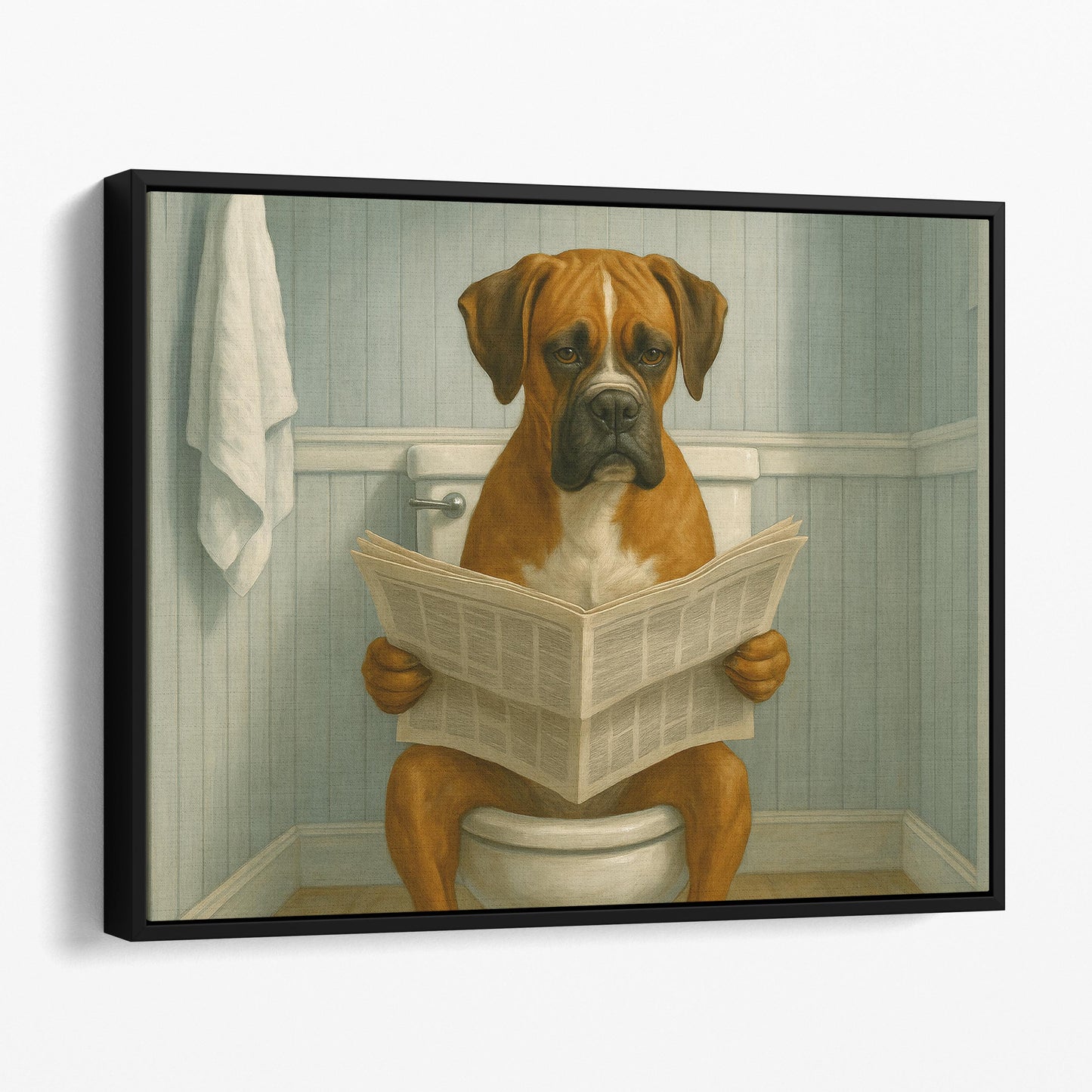 Boxer Dog Reading The Newspaper On The Toilet