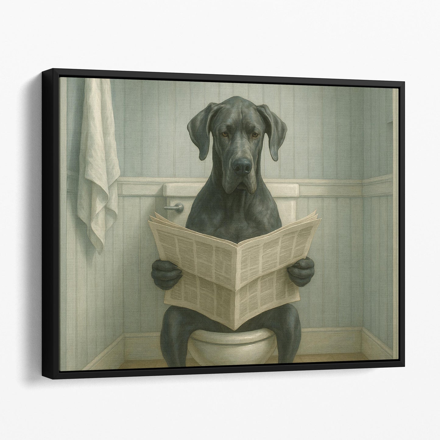Great Dane Dog Reading The Newspaper On The Toilet