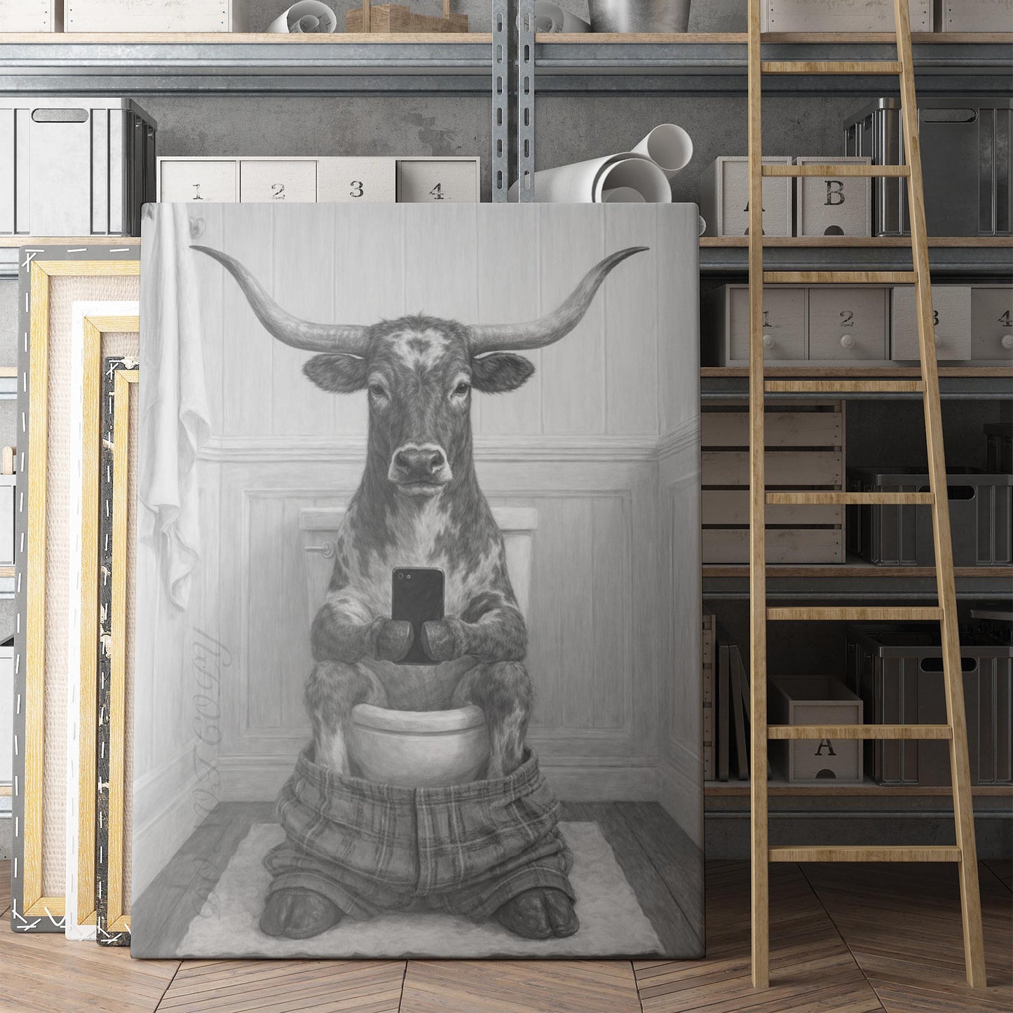Texas Longhorn On The Phone On The Toilet