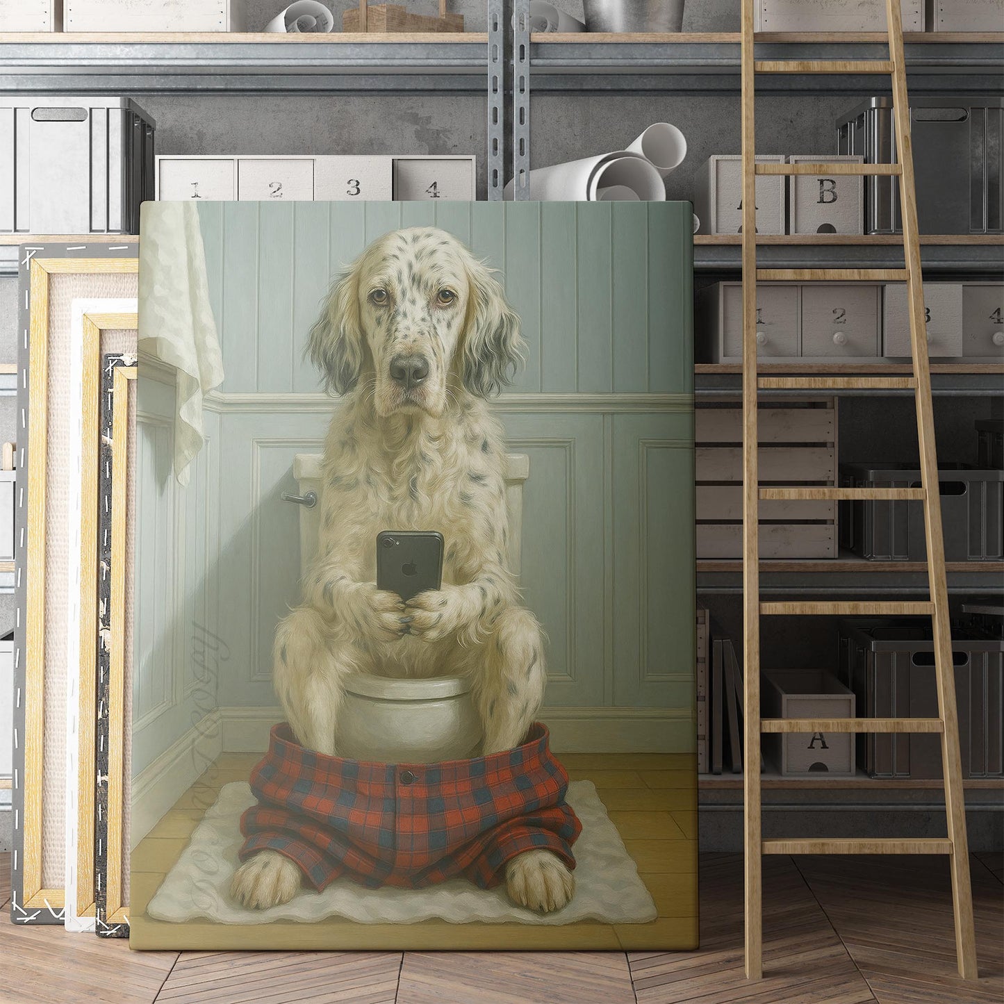 English Setter Dog On The Phone On The Toilet