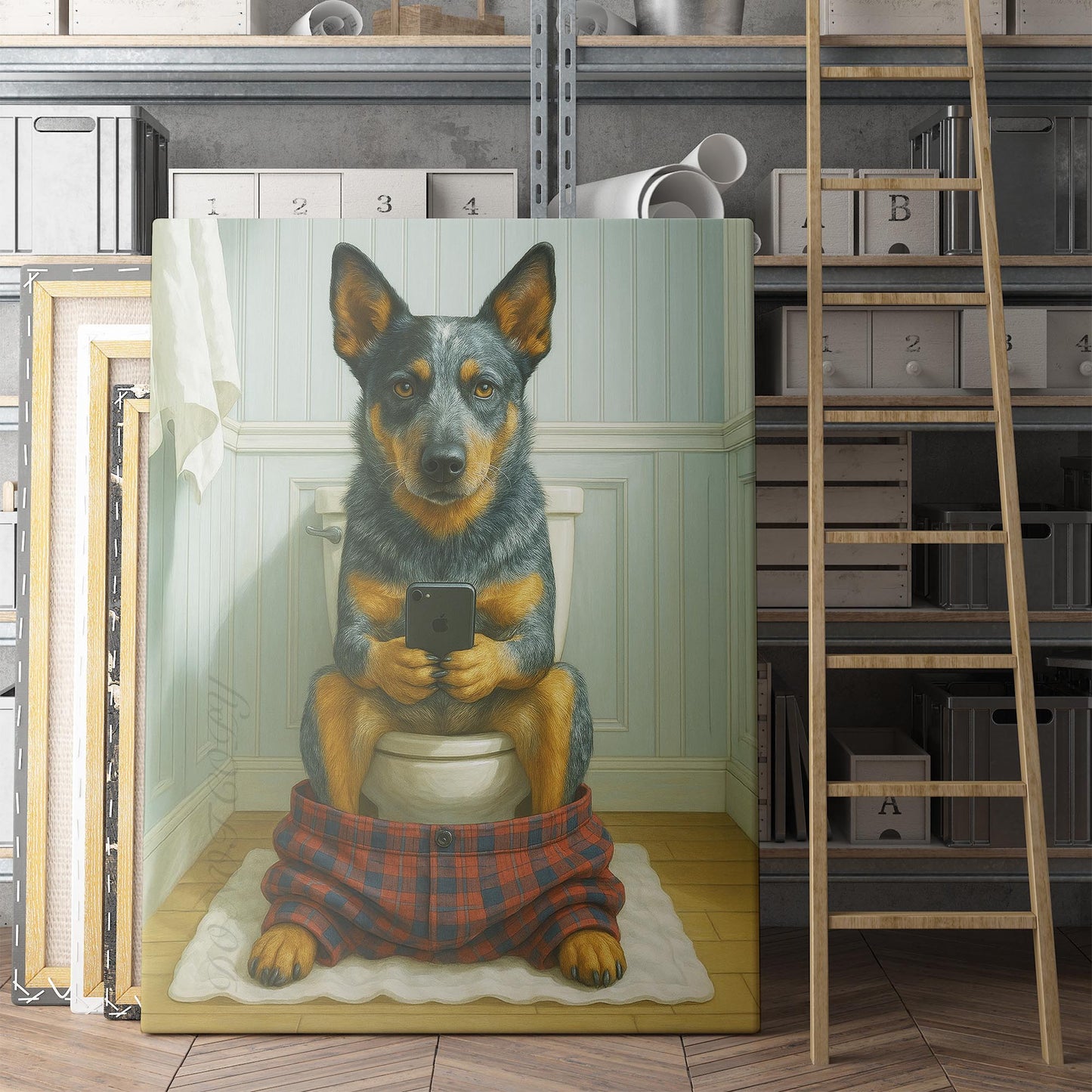 Australian Cattle Dog On The Phone On The Toilet