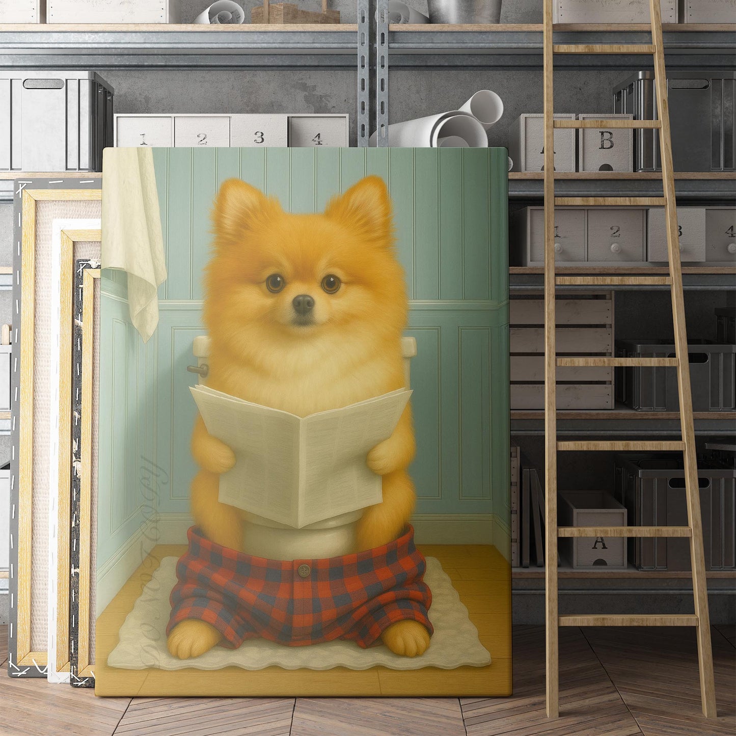 Pomeranian Dog Reading The Newspaper On The Toilet
