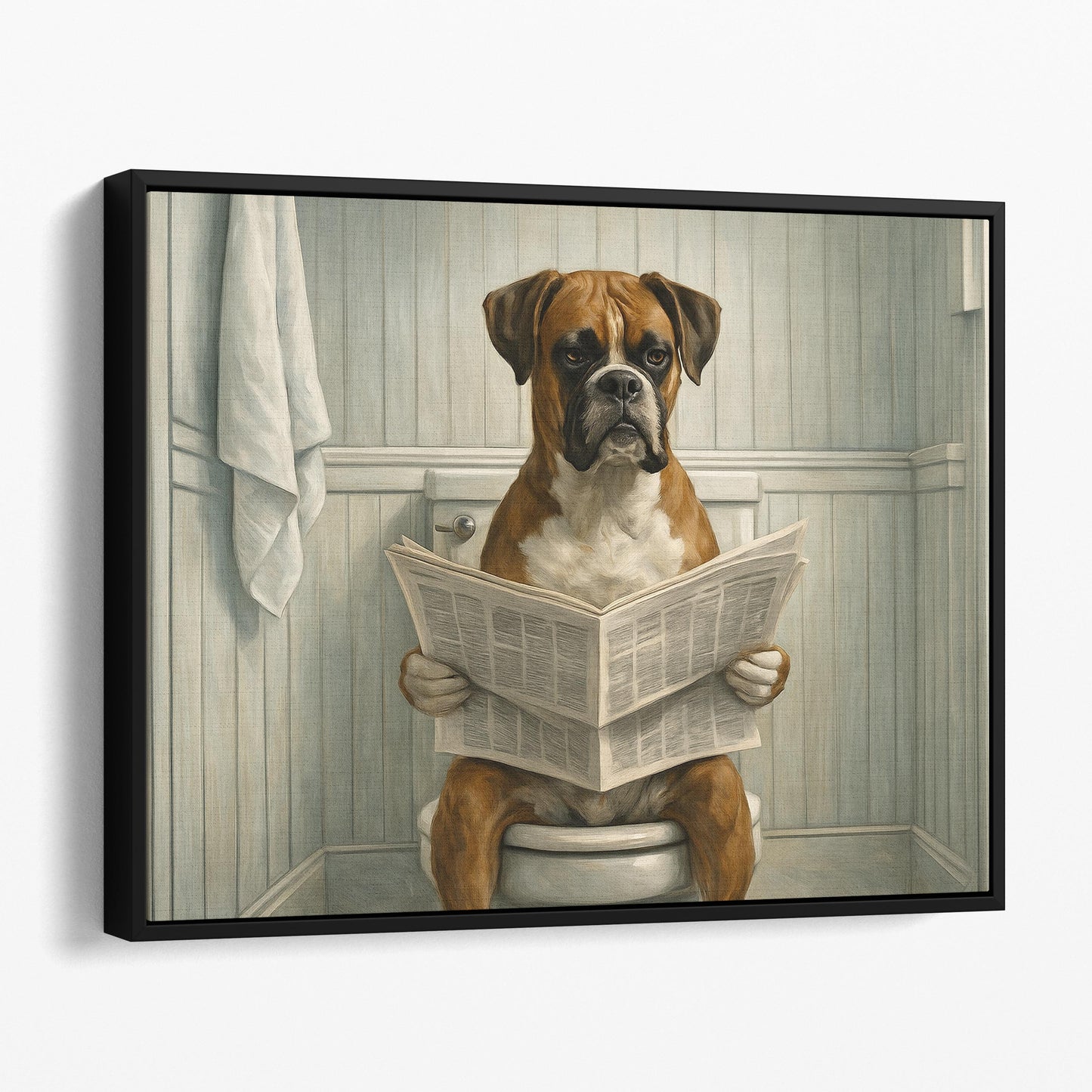 Boxer Dog Reading The Newspaper On The Toilet