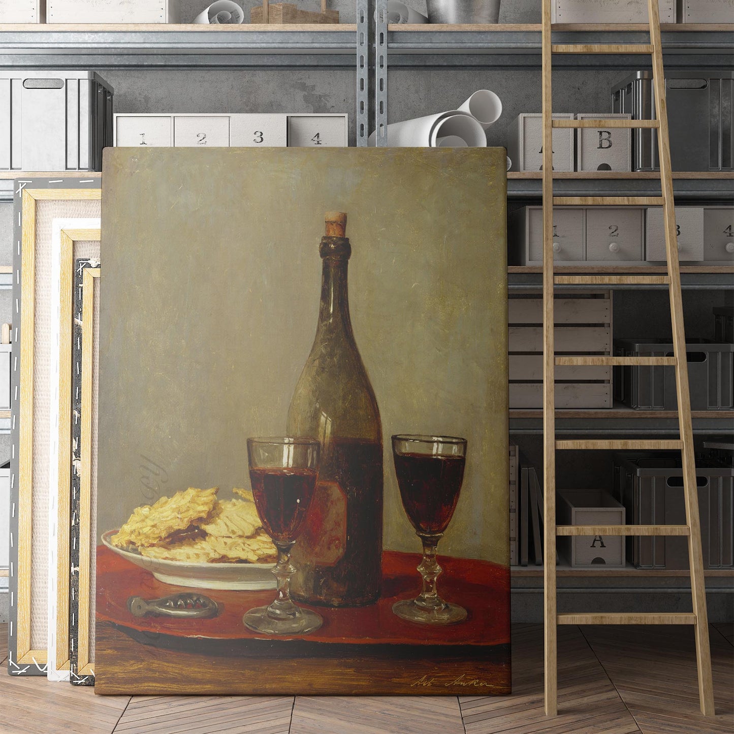 Still Life: Two Glasses of Red Wine, a Bottle of Wine, a Corkscrew and a Plate of Biscuits on a Tray by Albert Anker