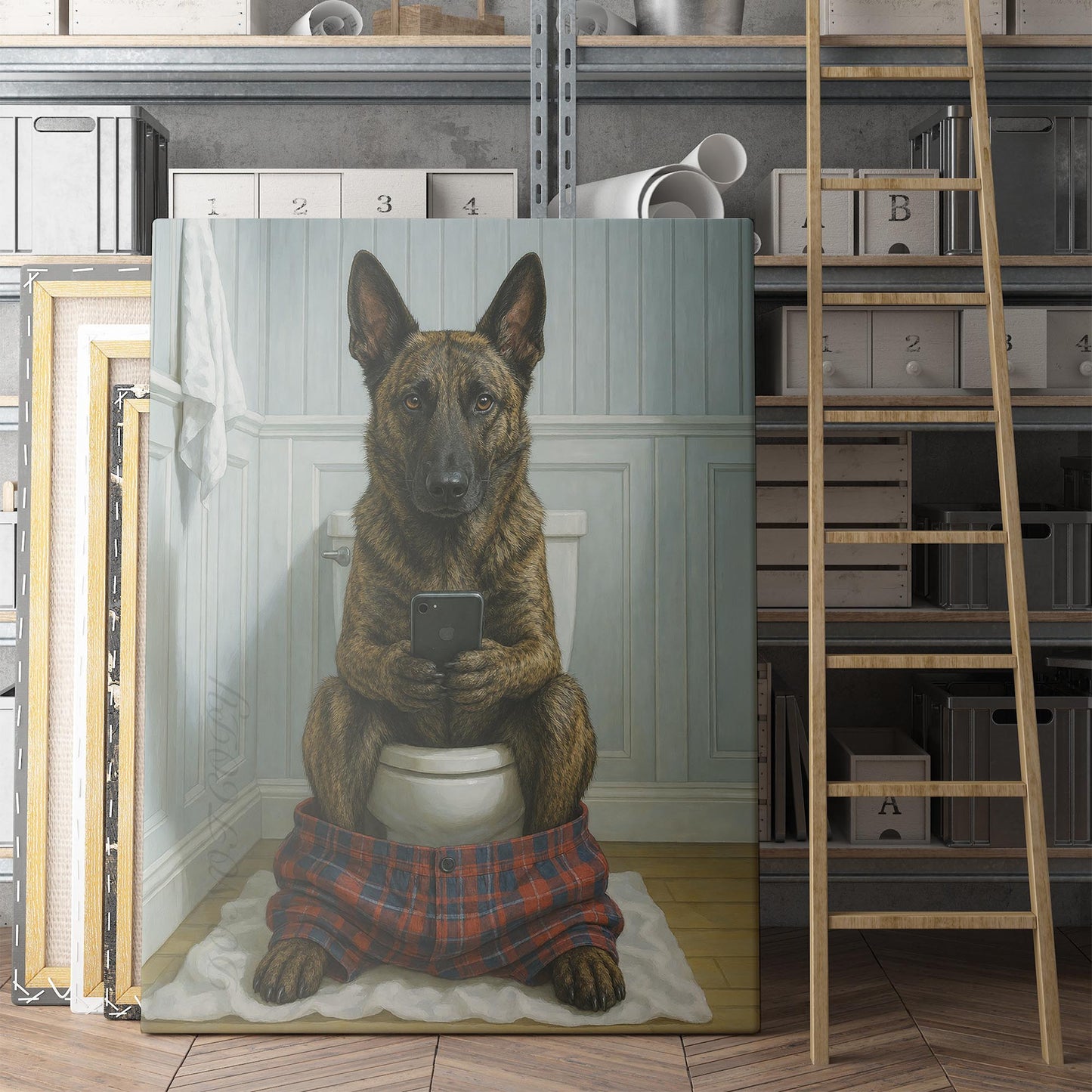 Dutch Shepherd Dog on the Phone on the Toilet