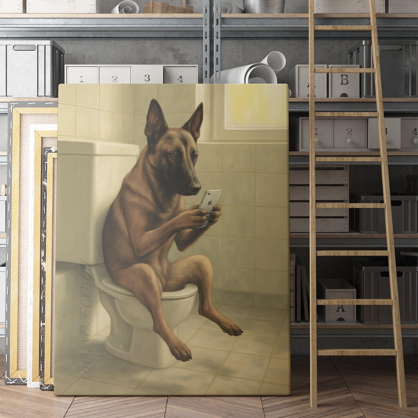 Belgian Malinois Dog On The Phone On The Toilet
