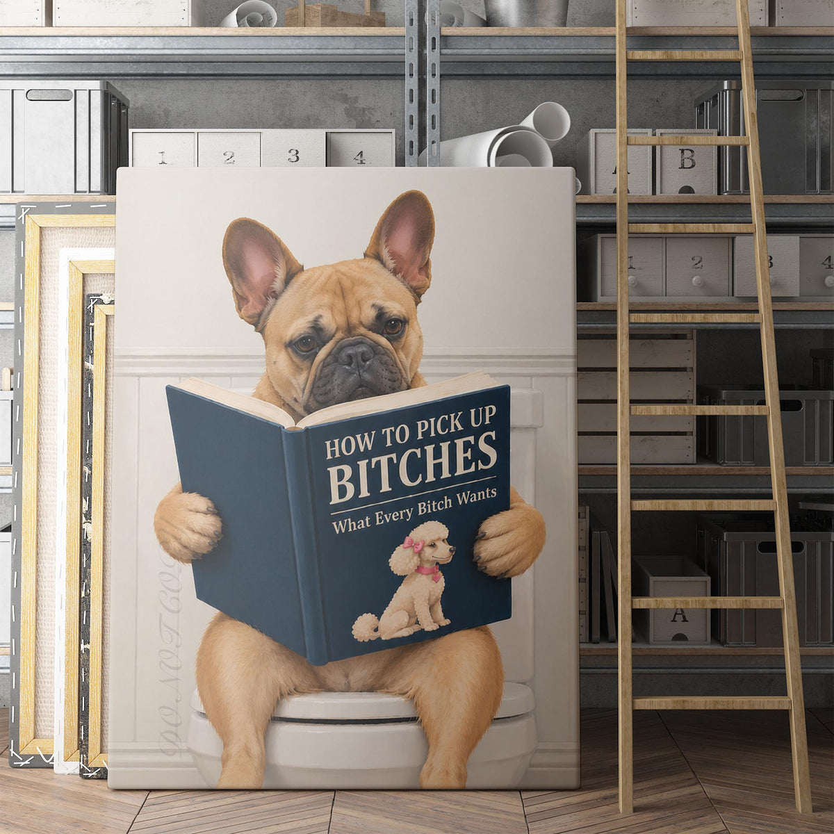 French Bulldog Reading A Dating Book On The Toilet