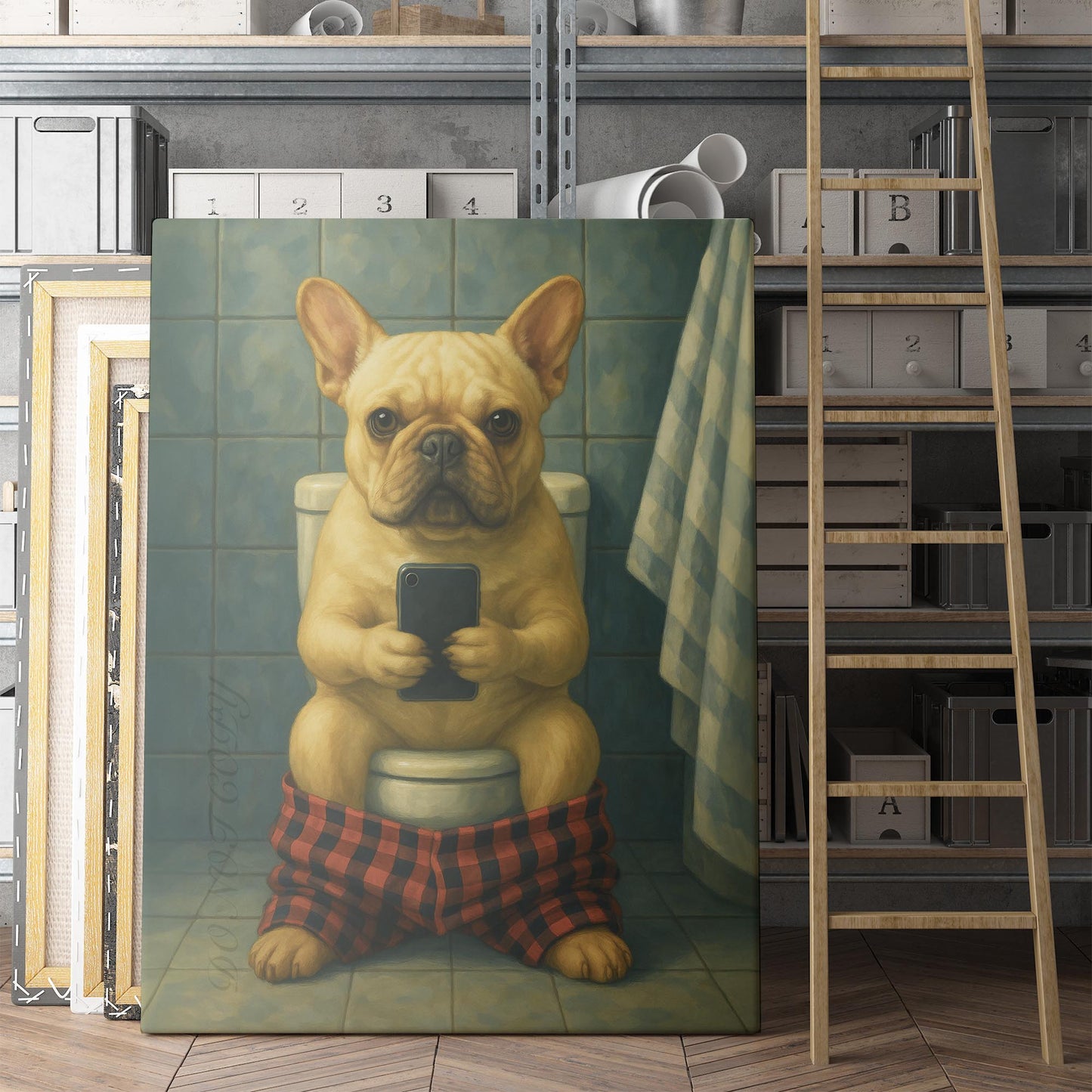 French Bulldog On The Phone On The Toilet II