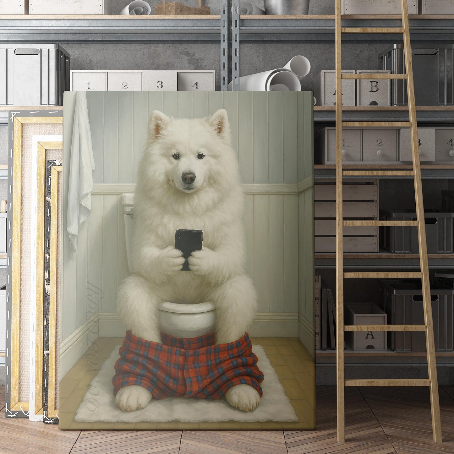 Samoyed Dog On The Phone On The Toilet