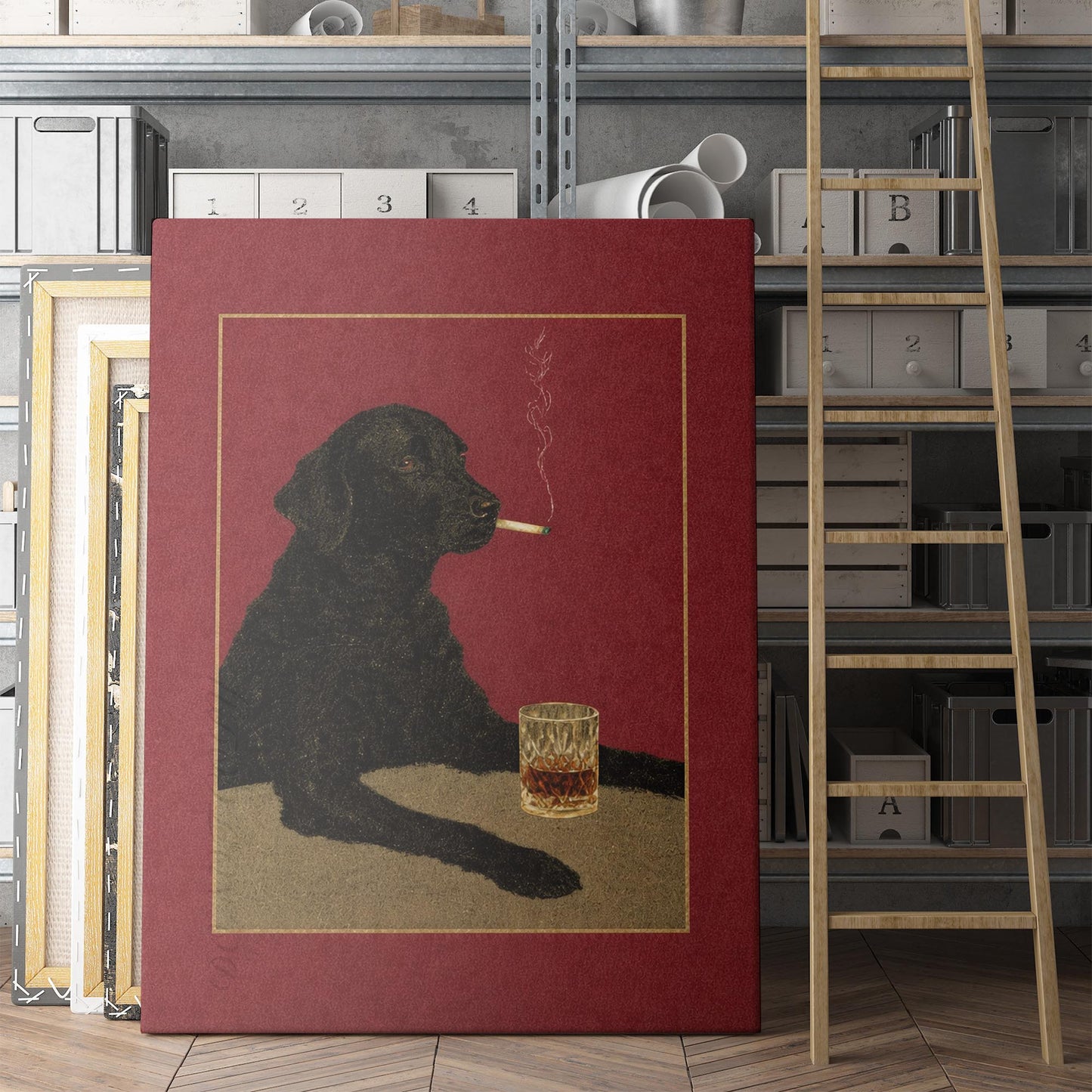 Black Labrador Retriever With A Cigarette & A Drink