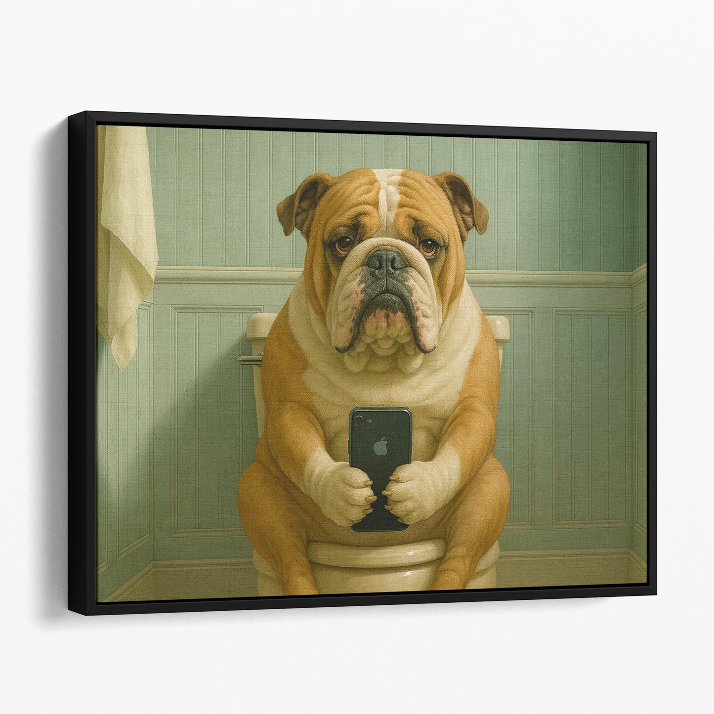 Bulldog On The Phone On The Toilet