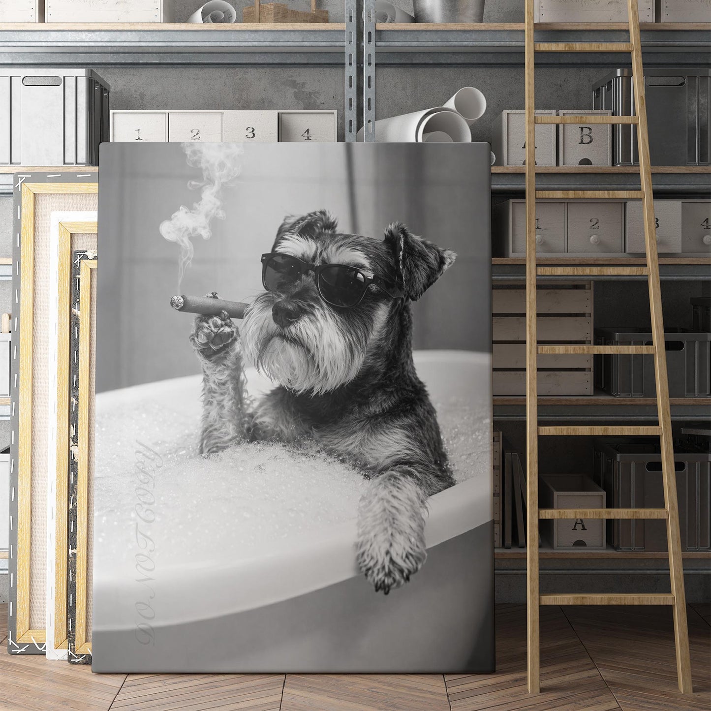 Miniature Schnauzer Dog Bathtub Cigar