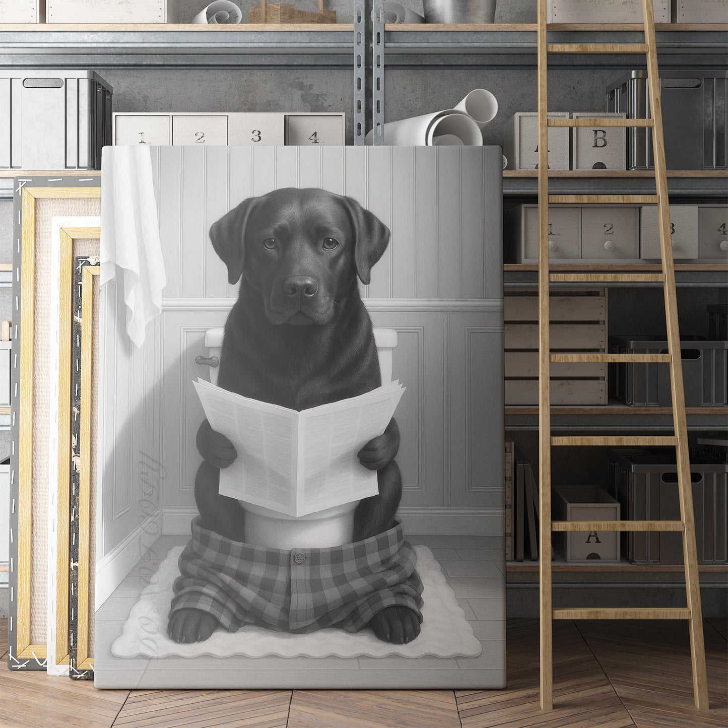 Black Labrador Dog Reading The Newspaper On The Toilet