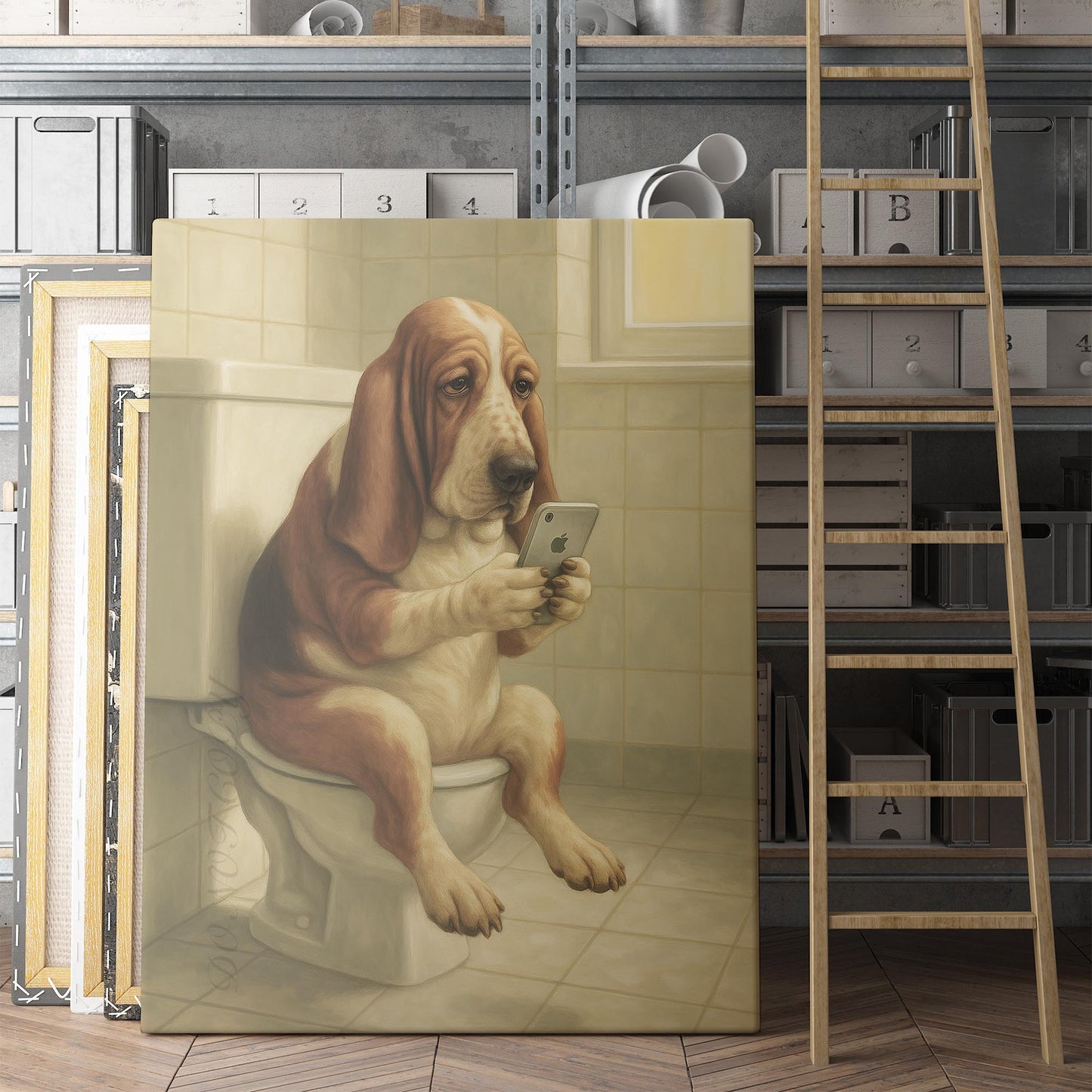 Basset Hound Dog On The Phone On The Toilet