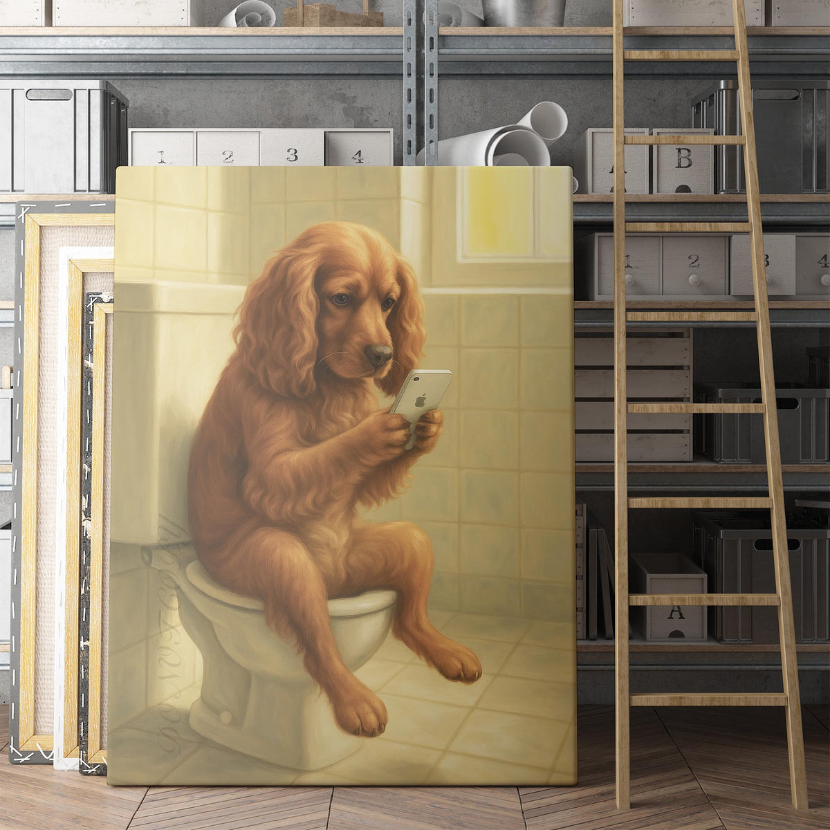 English Cocker Spaniel Dog On The Phone On The Toilet