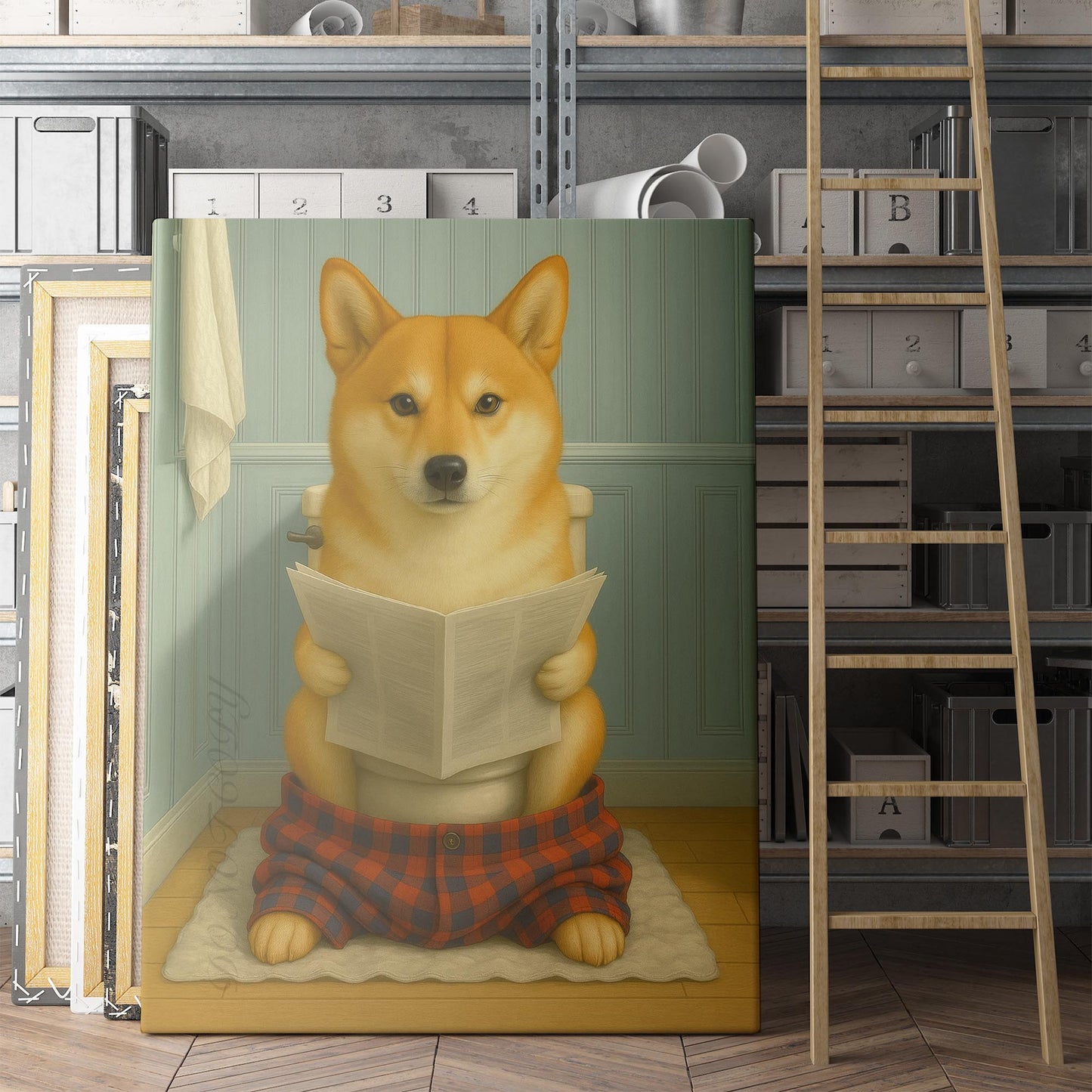 Shiba Inu Dog Reading The Newspaper On The Toilet