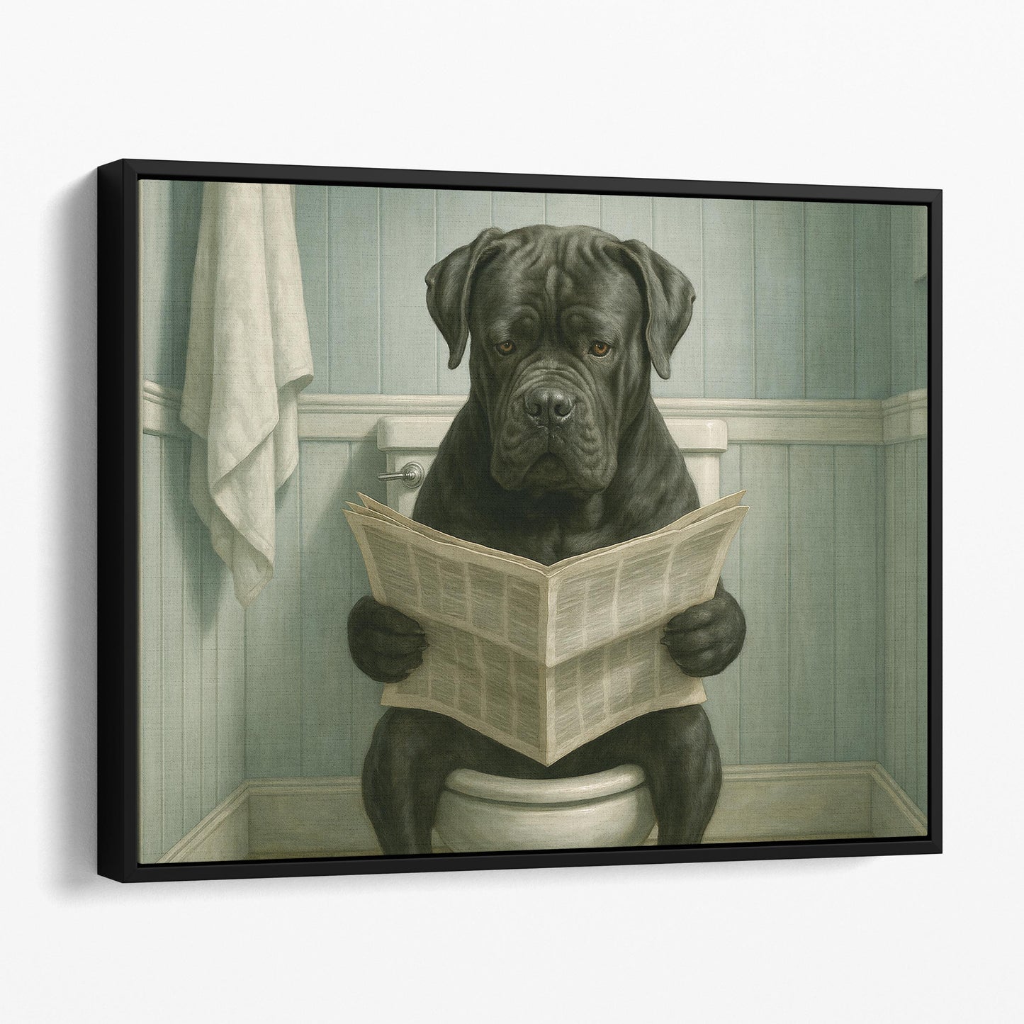 Cane Corso Dog Reading The Newspaper On The Toilet