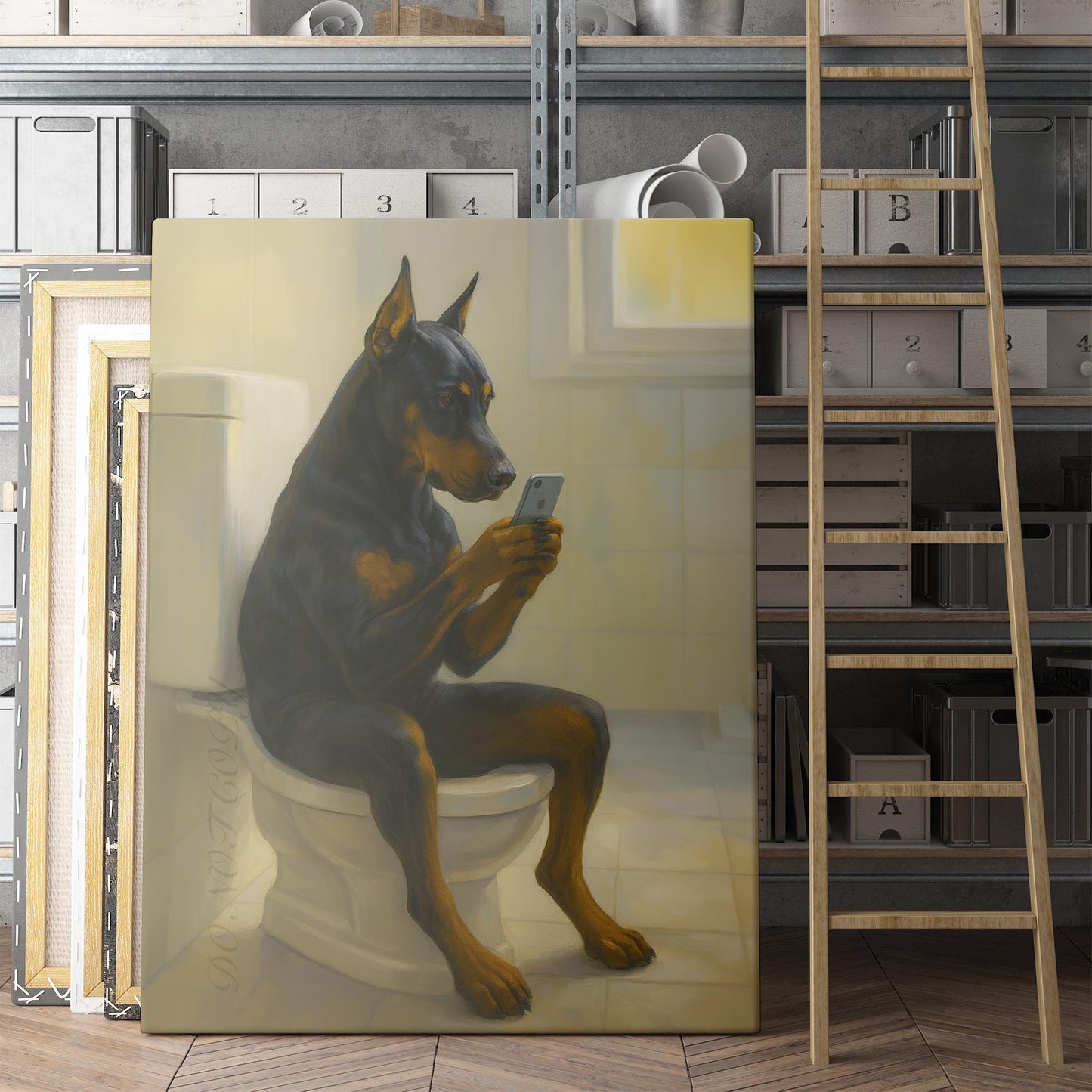 Doberman Pinscher Dog On The Phone On The Toilet