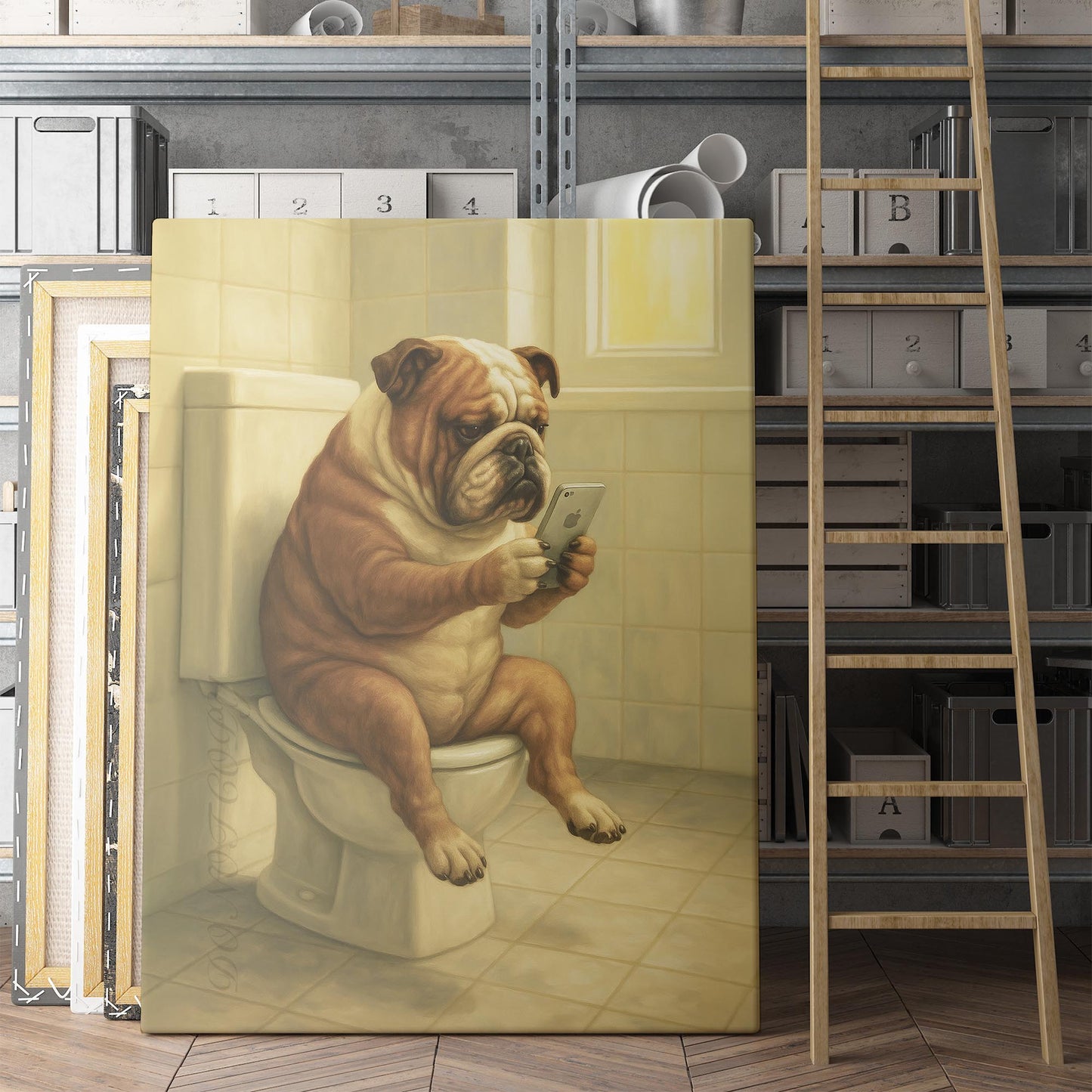 Bulldog On The Phone On The Toilet