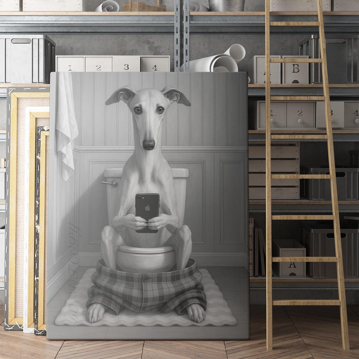 Greyhound Dog On The Phone On The Toilet