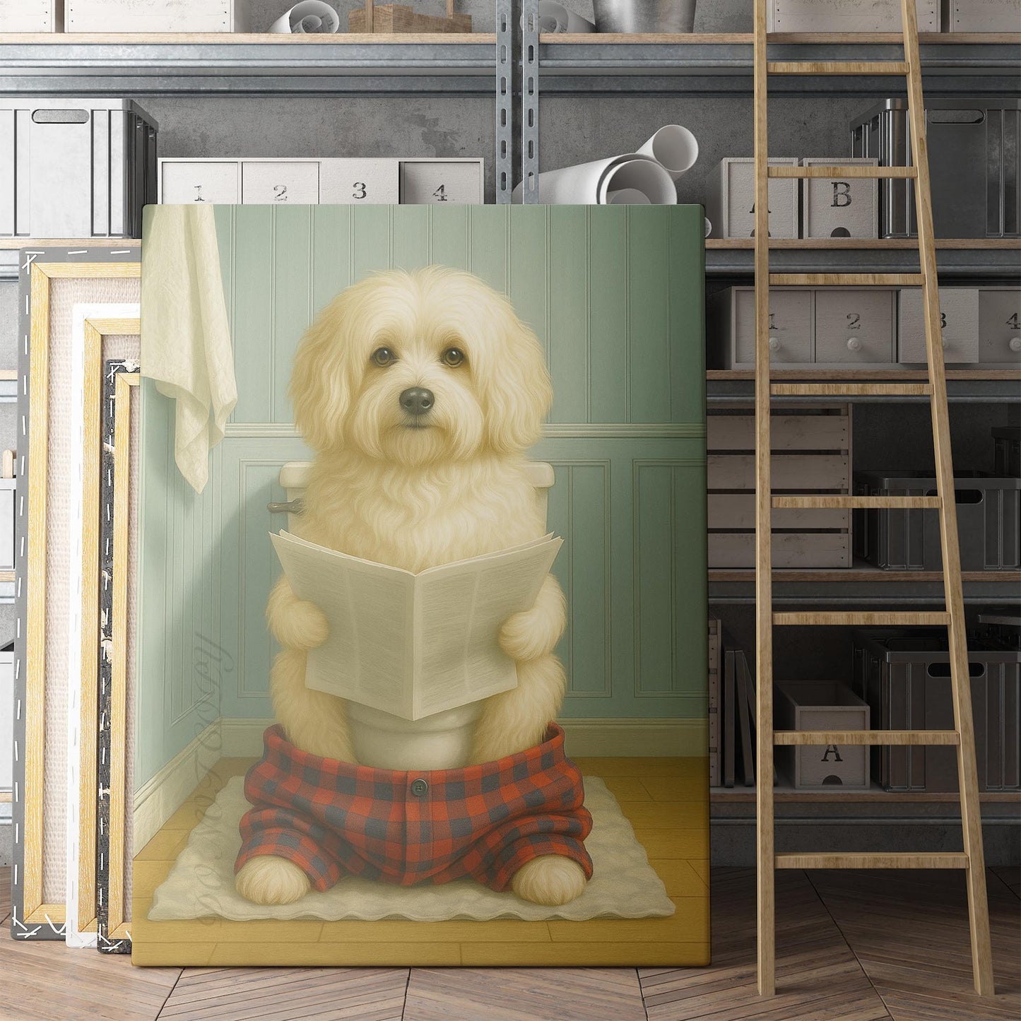 Havanese Dog Reading The Newspaper On The Toilet