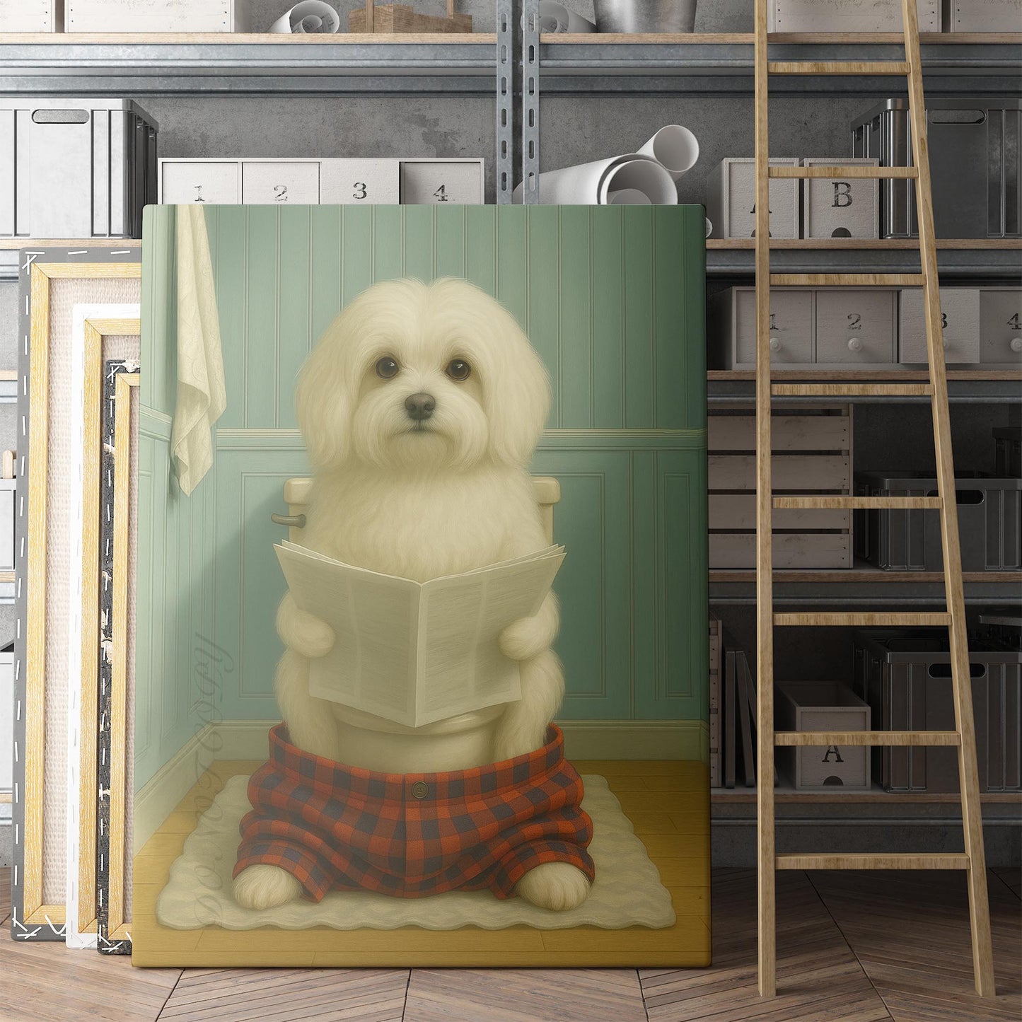 Maltese Dog Reading The Newspaper On The Toilet