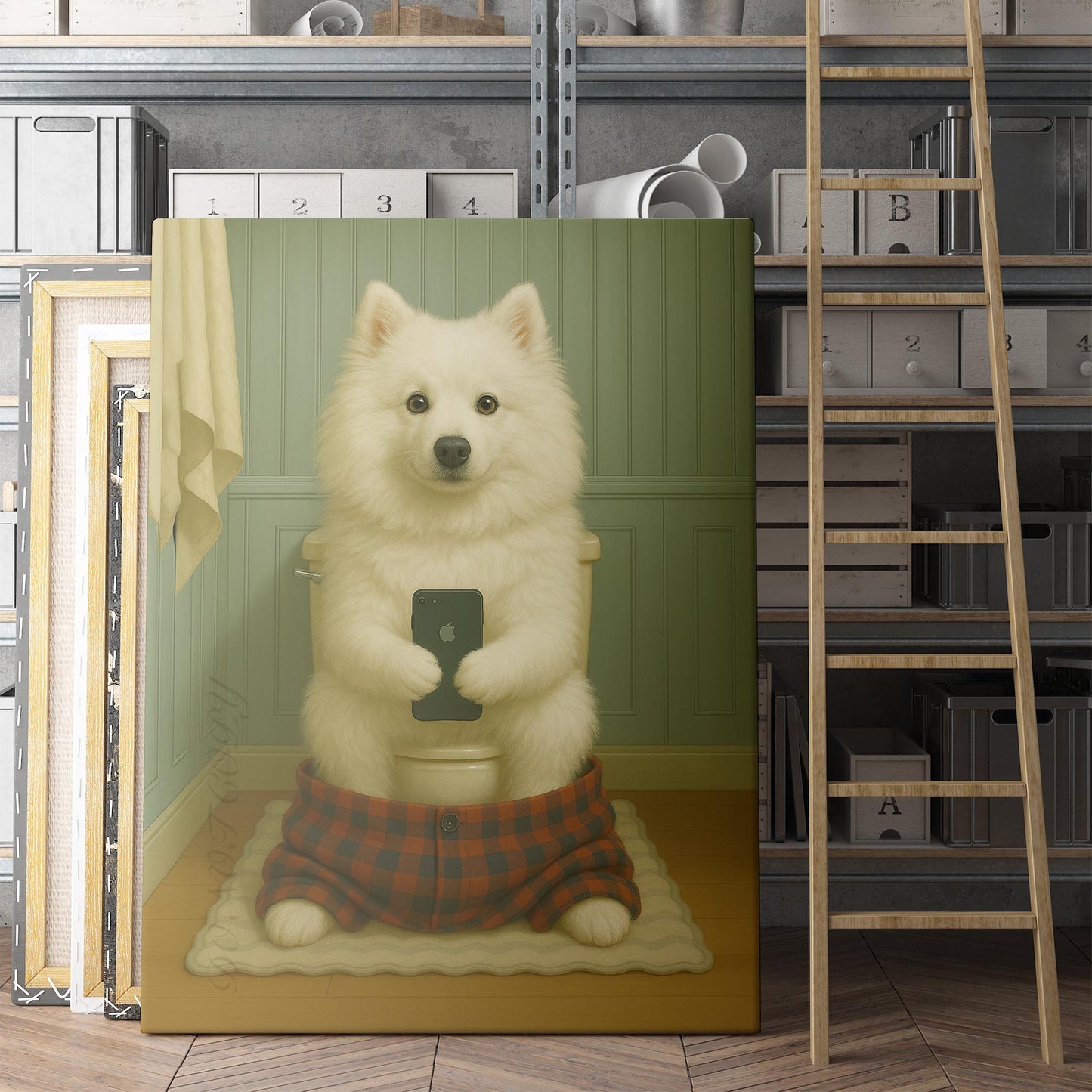 American Eskimo Dog On The Phone On The Toilet