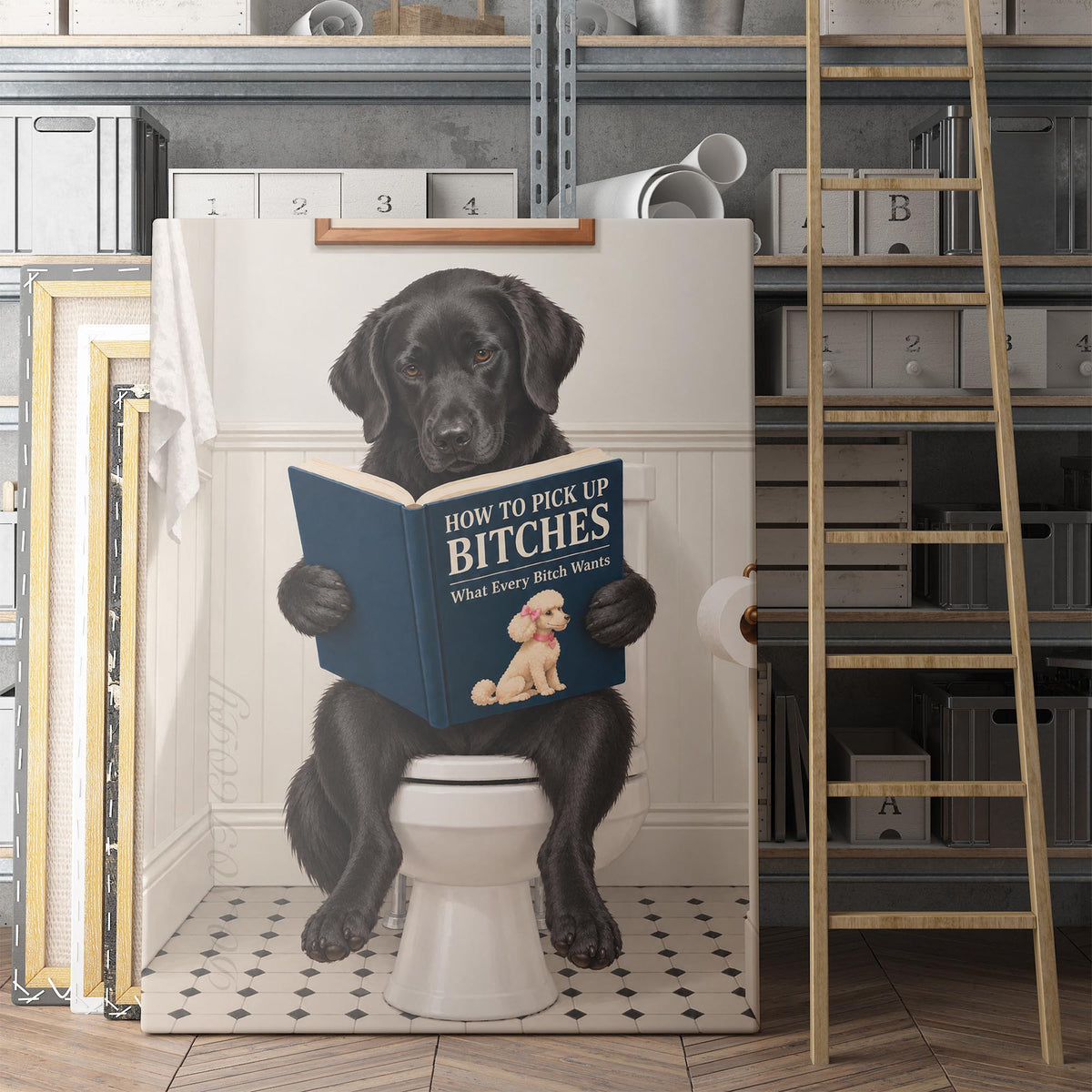 Black Labrador Dog Reading Dating Book On The Toilet