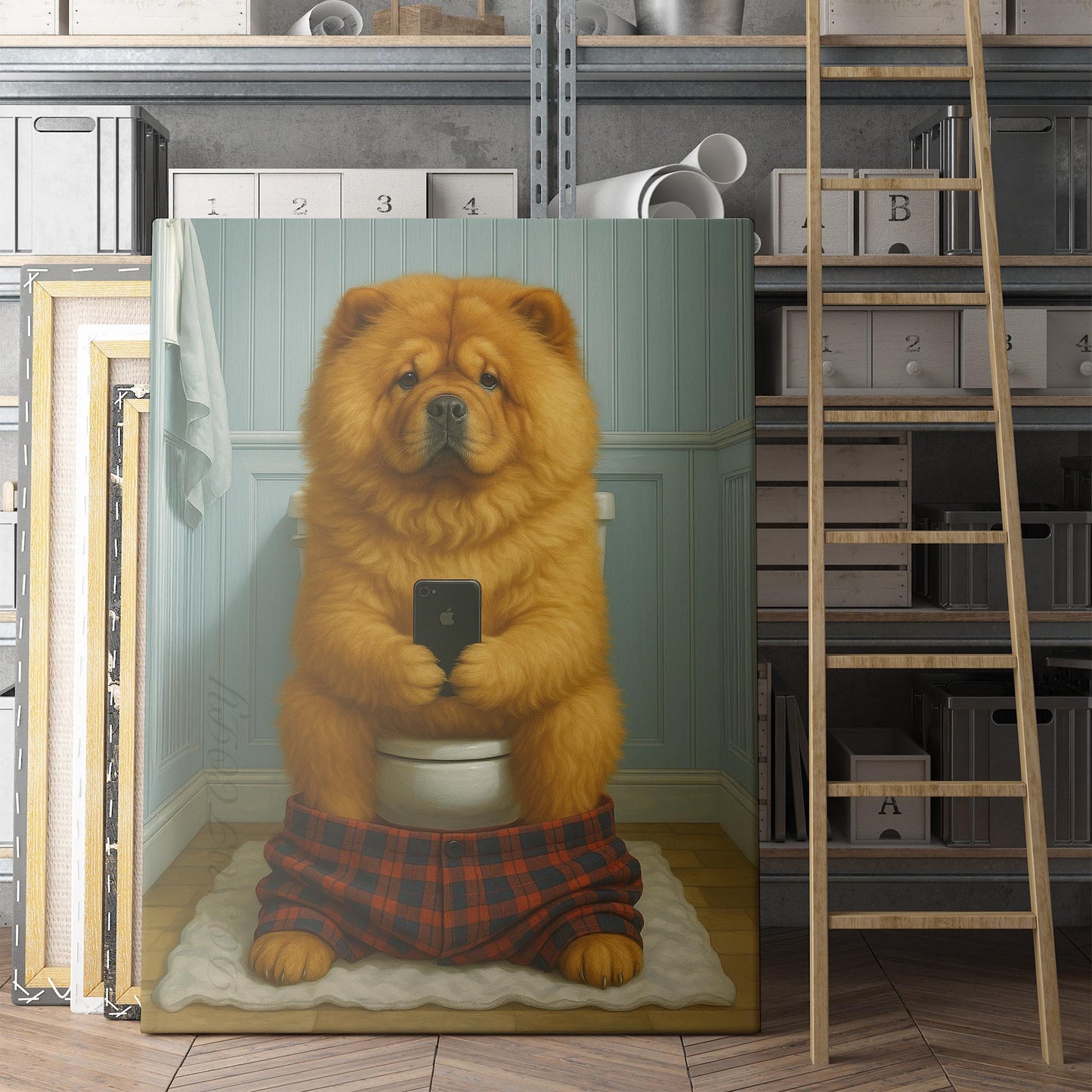 Chow Chow Dog On The Phone On The Toilet