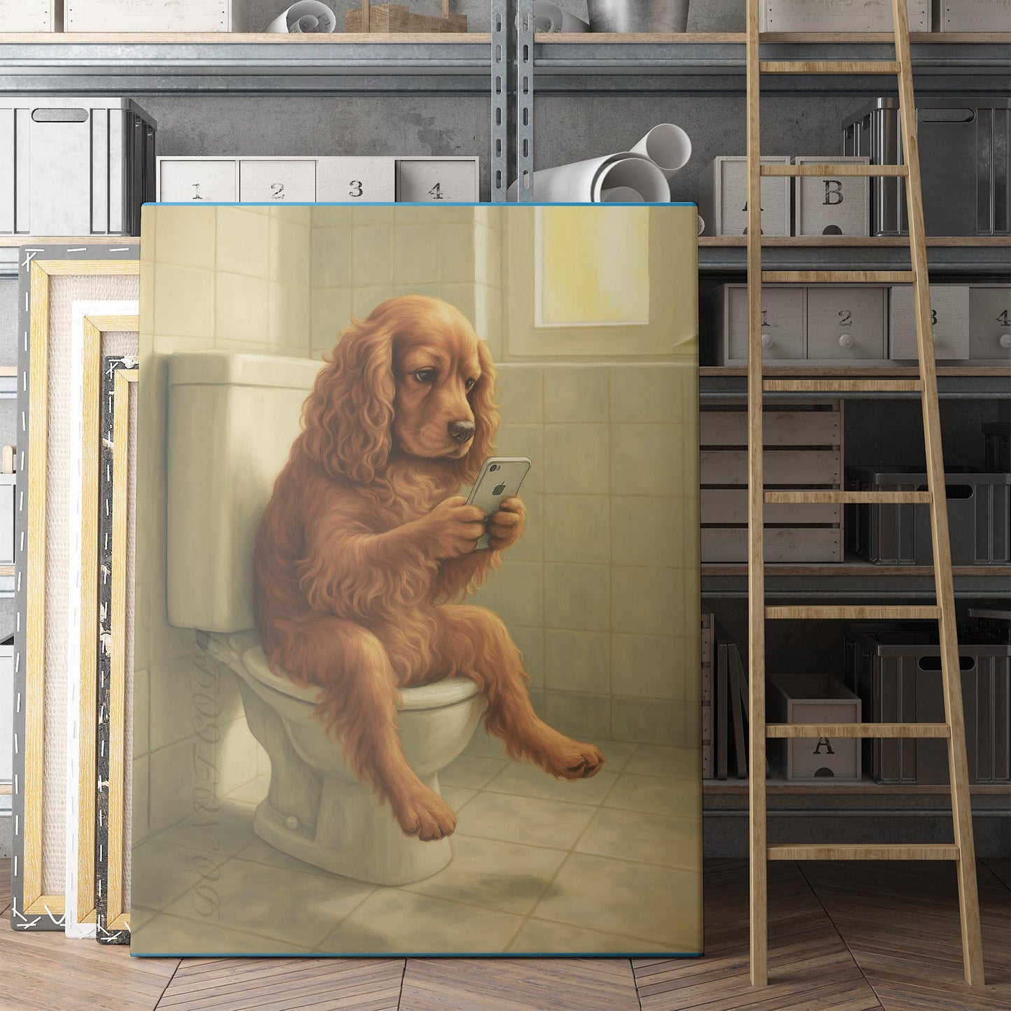 Cocker Spaniel Dog On The Phone On The Toilet