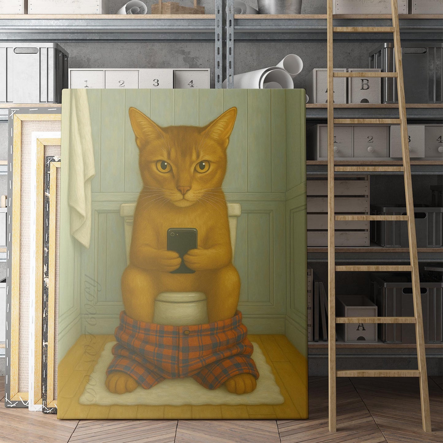 Abyssinian Cat On The Phone On The Toilet