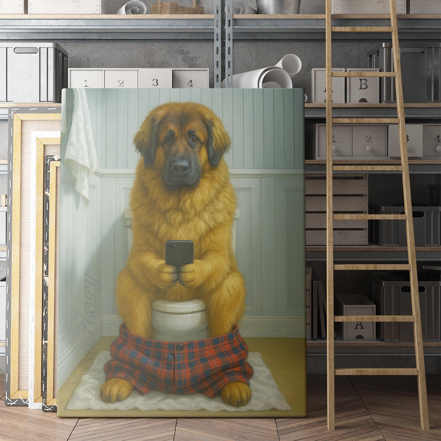 Leonberger Dog On The Phone On The Toilet