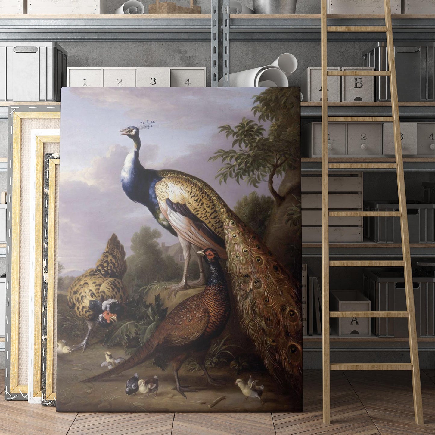 Peacock, Hen and Cock Pheasant in a Landscape - Tobias Stranover
