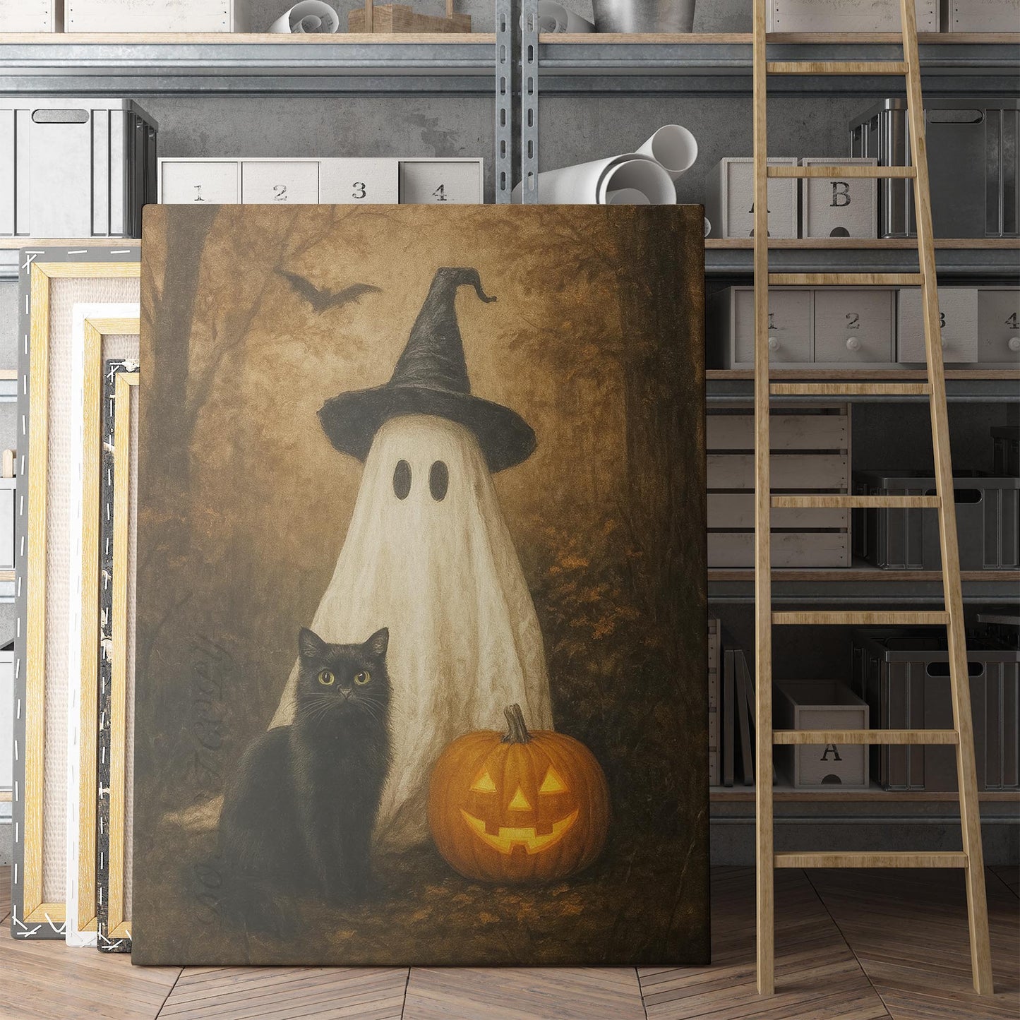 Ghost With A Black Cat And Pumpkin In The Forest