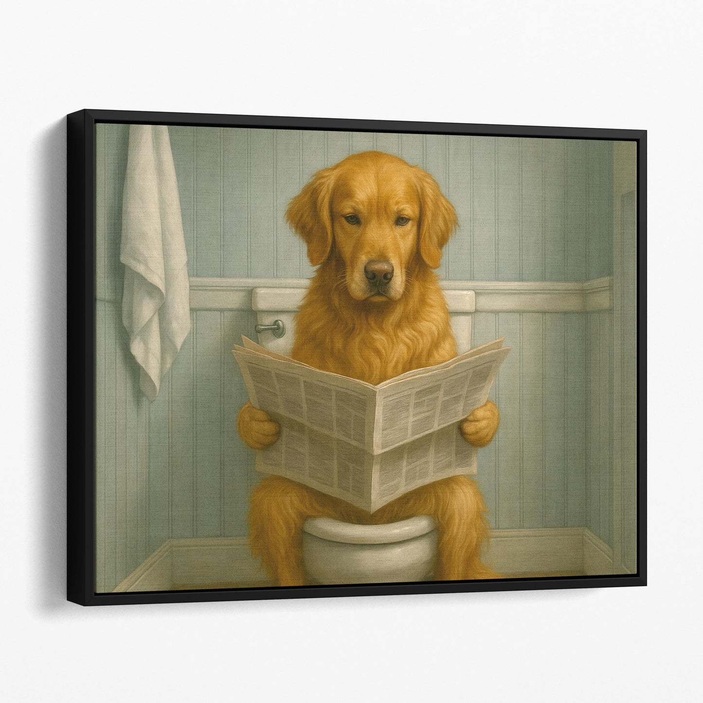 Golden Retriever Reading The Newspaper On The Toilet