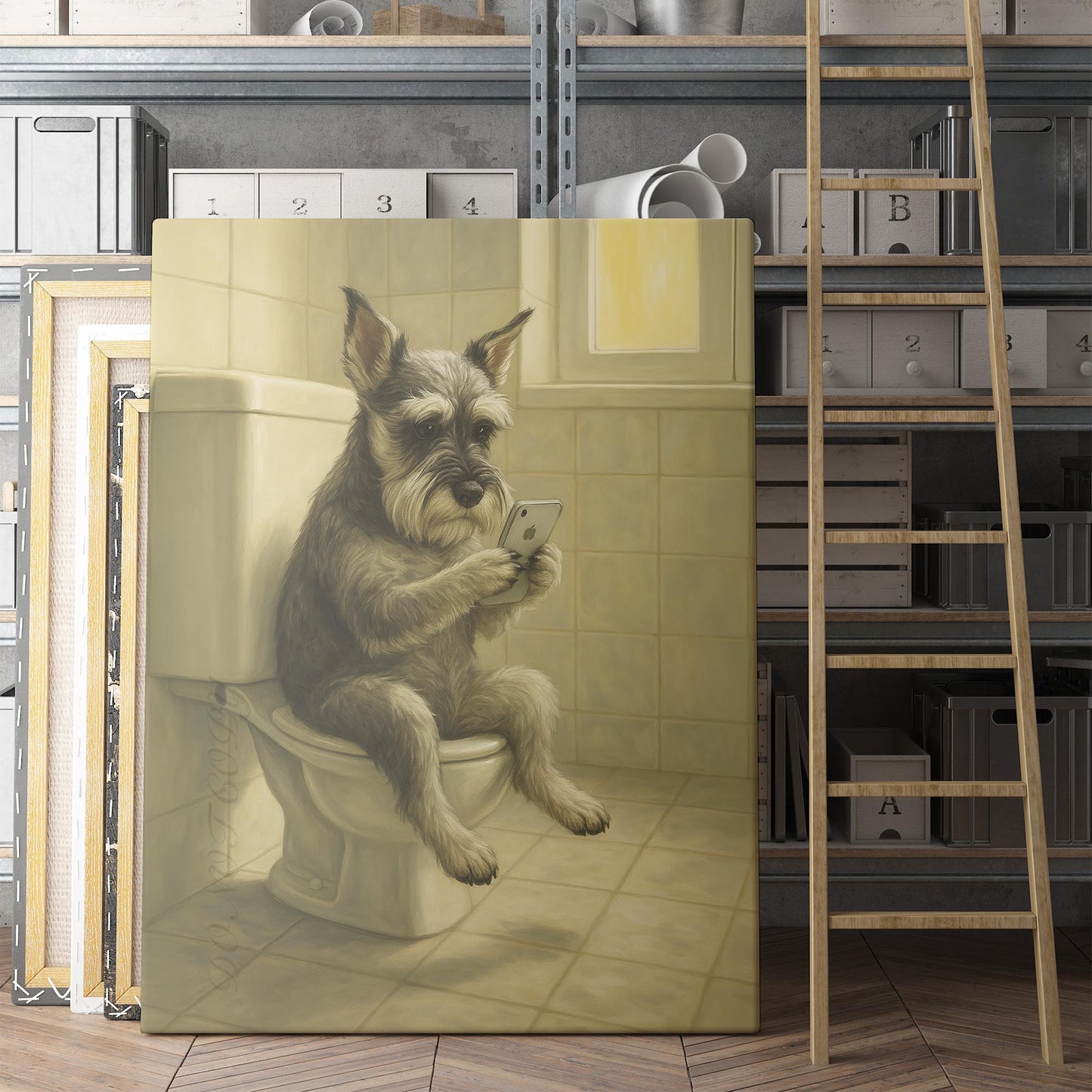 Miniature Schnauzer Dog On The Phone On The Toilet