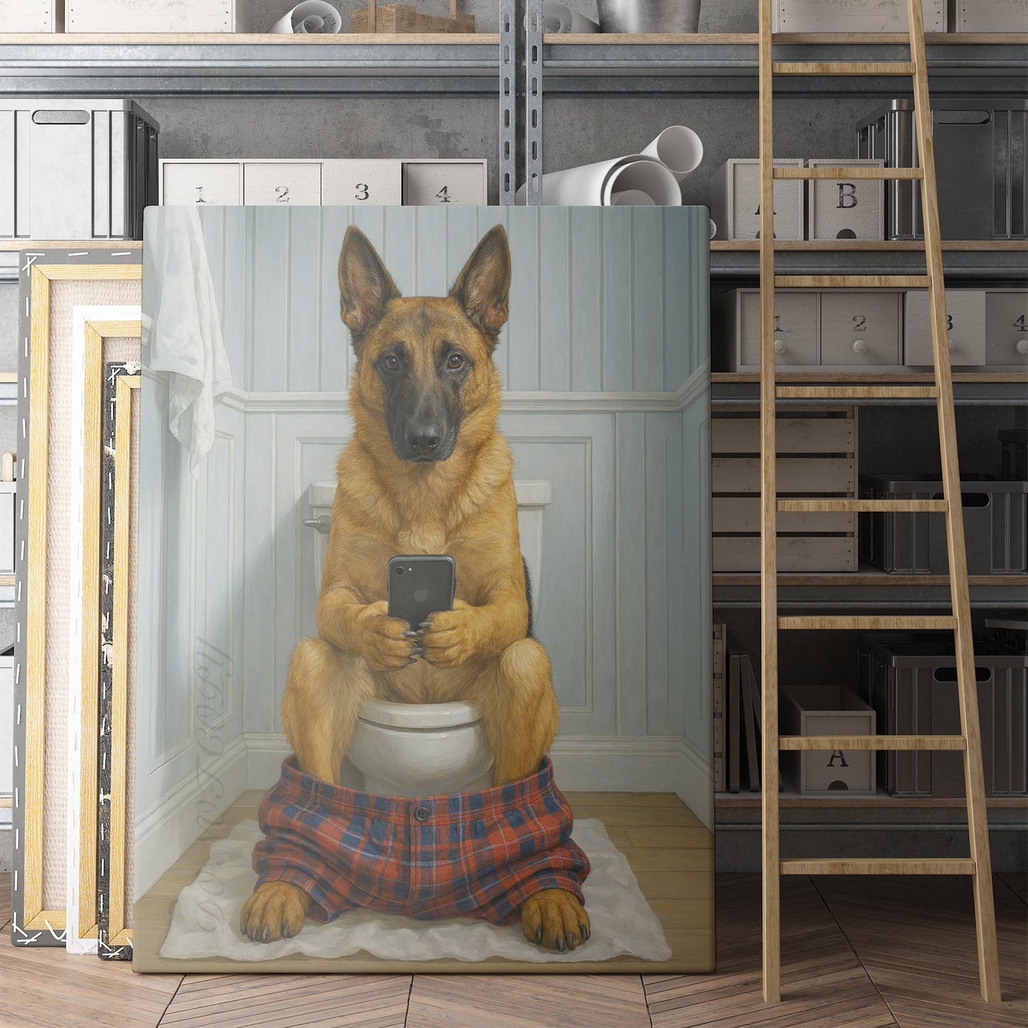 Belgian Malinois Dog On The Phone On The Toilet