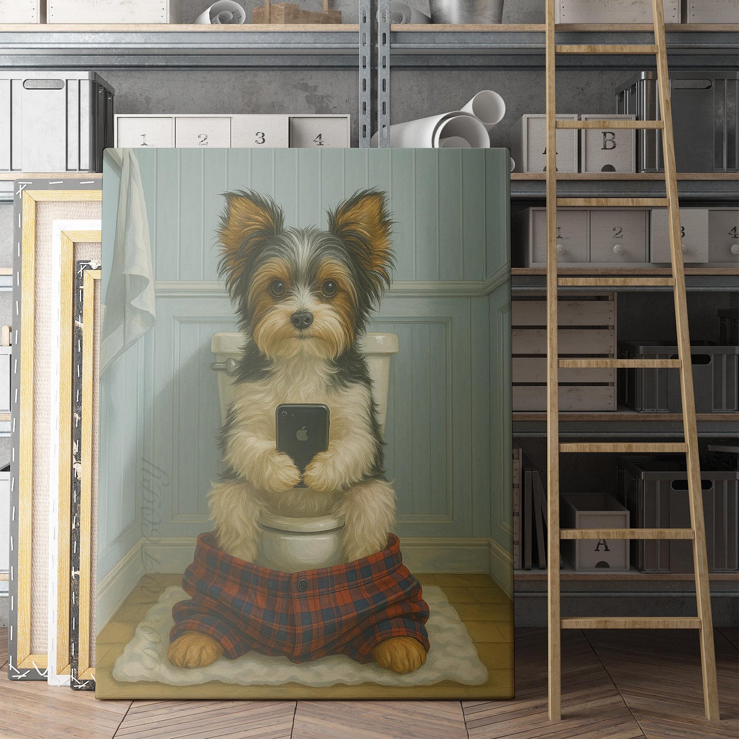 Biewer Terrier Dog On The Phone On The Toilet