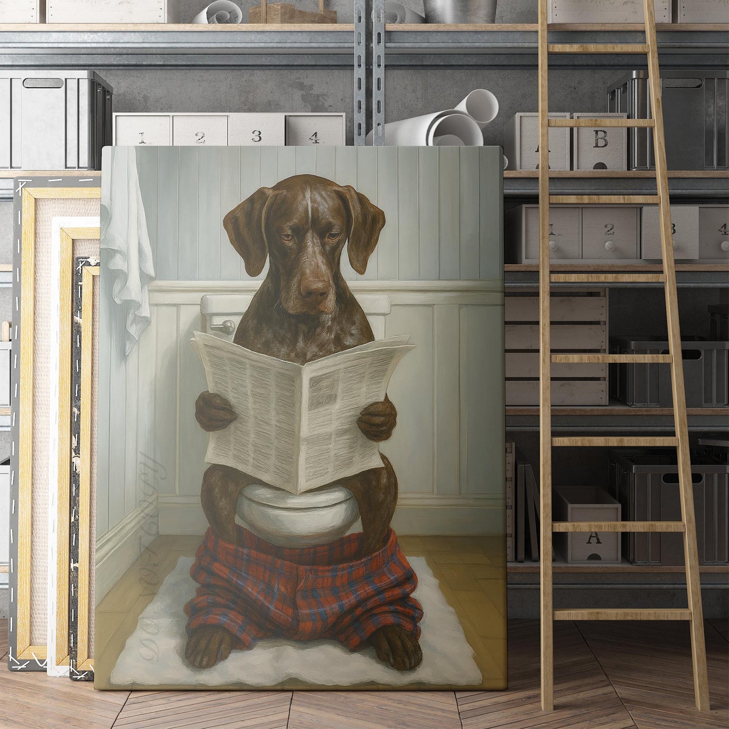 German Shorthaired Pointer Dog Reading The Newspaper On The Toilet