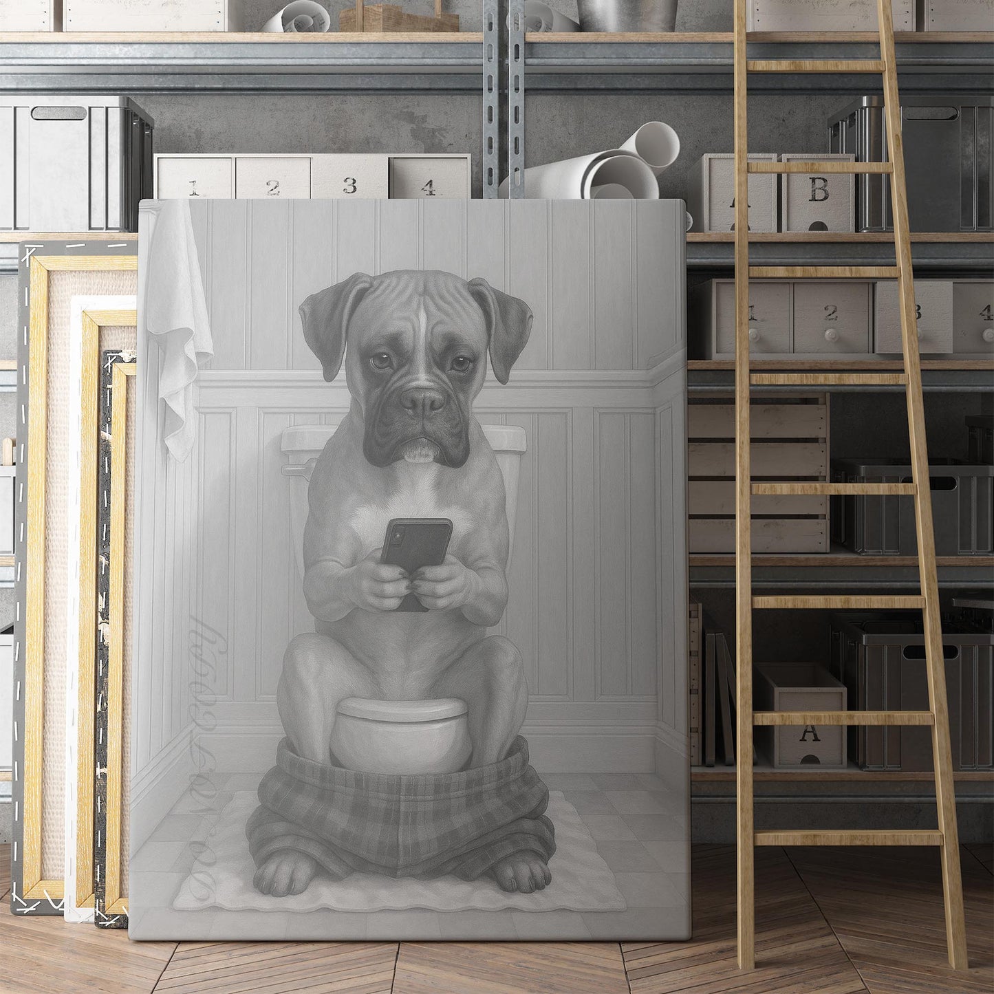 Boxer Dog On The Phone On The Toilet