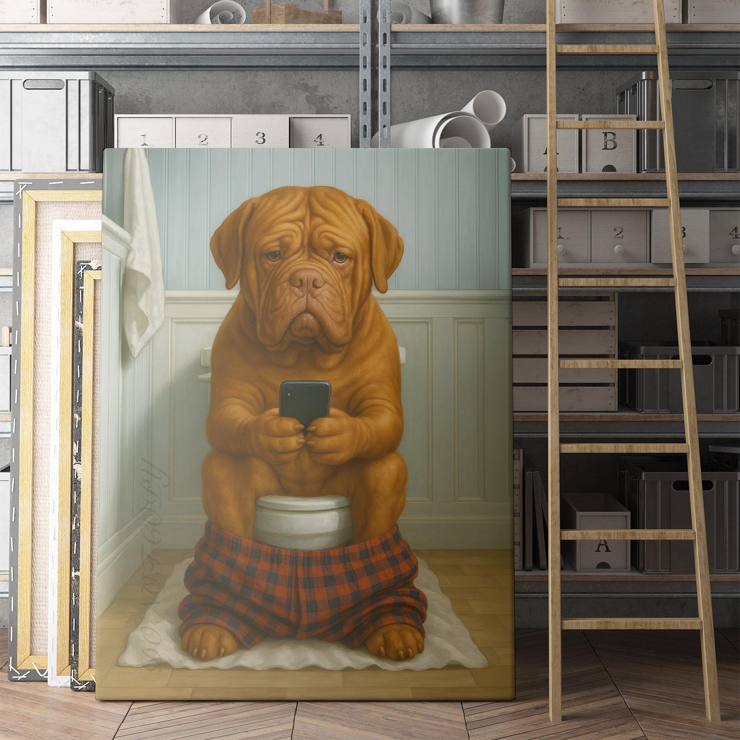 Dogue de Bordeaux Dog On The Phone On The Toilet