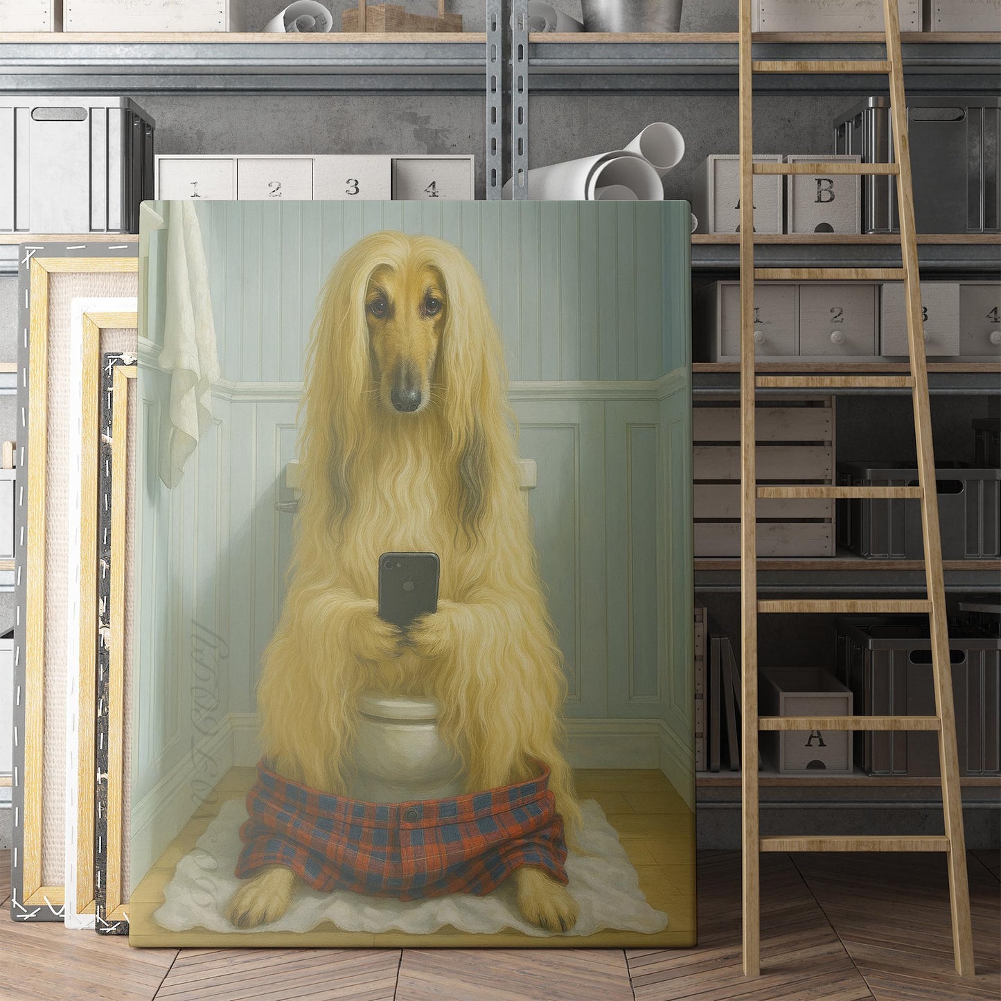 Afghan Hound Dog On The Phone On The Toilet