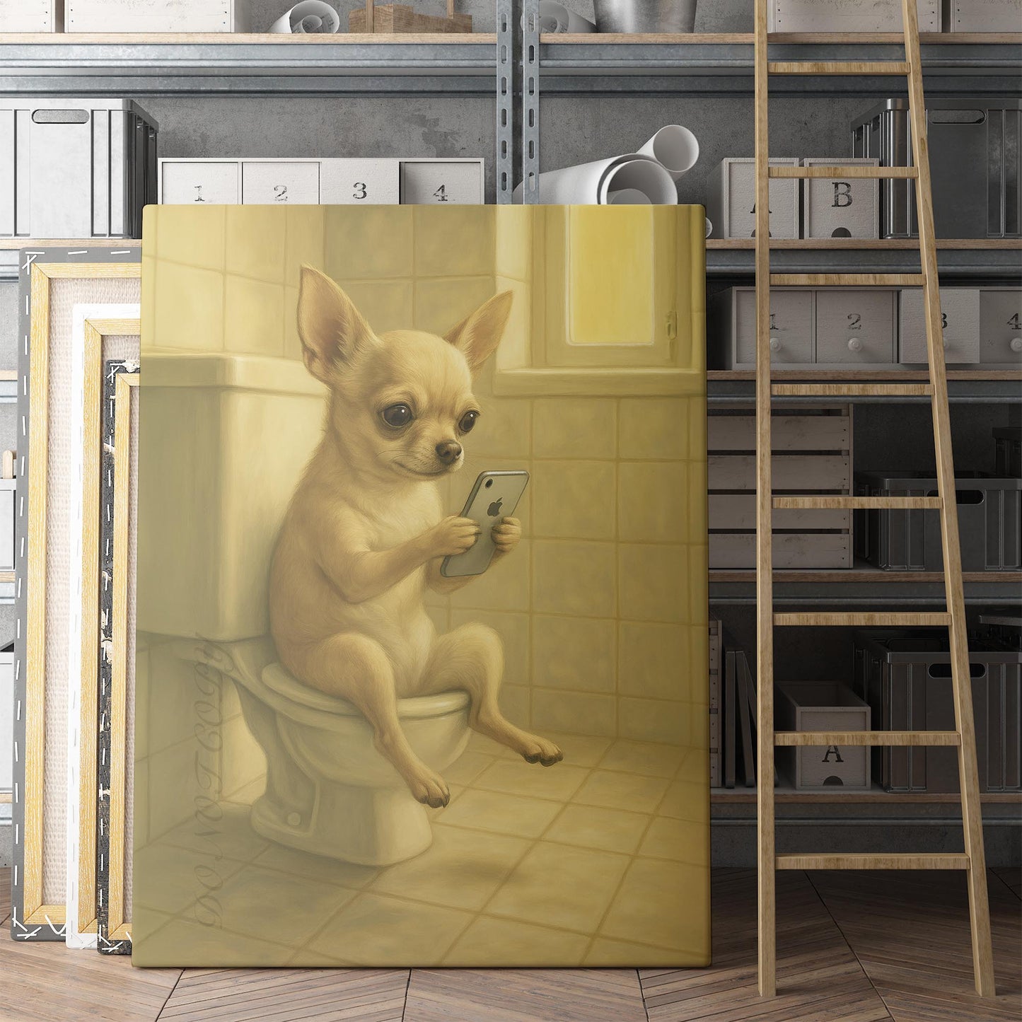 Chihuahua Dog On The Phone On The Toilet